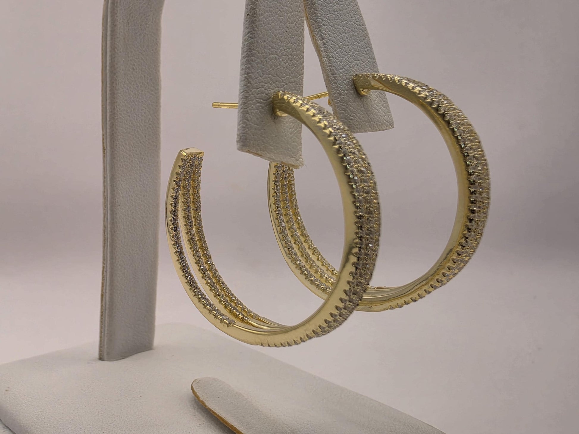 Gold Plated Hoop Earrings | 925 Silver | 1.275 Inch | Multi Row CZ Trim | Womens Sparkle Statement Gold Hoops