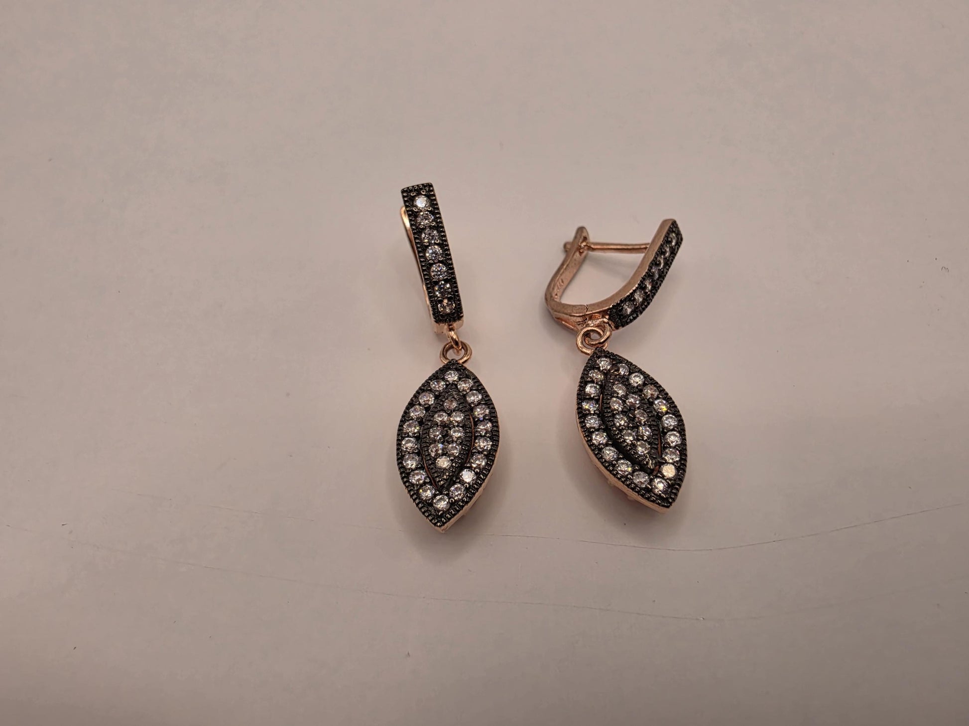 Rose Gold Plated CZ Drop Earrings | 925 Silver | Marquise Dangle | Vintage Antique Style | Womens Sparkle Drop Earrings