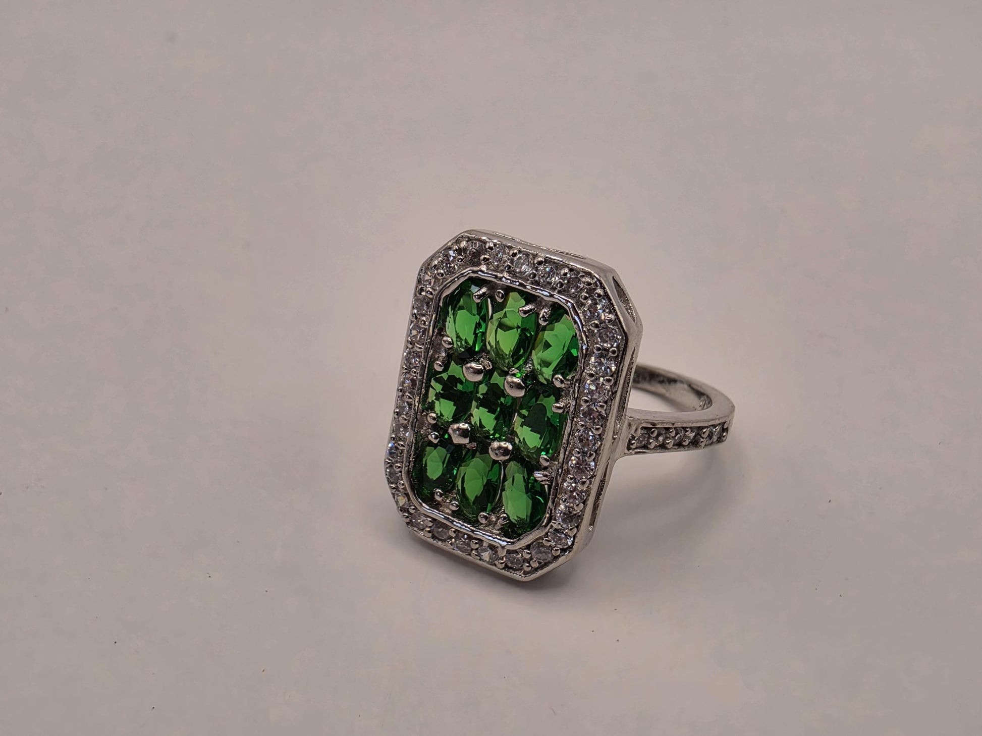 Sterling Silver Green CZ Ring | 925 Silver | Halo Cluster | Size 6.5 | Emerald Green Stones | Womens Statement Ring