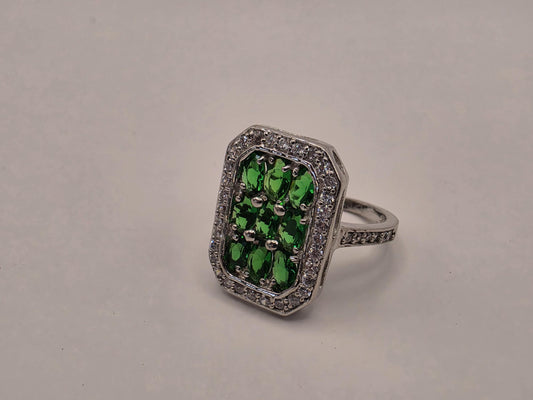 Sterling Silver Green CZ Ring | 925 Silver | Halo Cluster | Size 6.5 | Emerald Green Stones | Womens Statement Ring