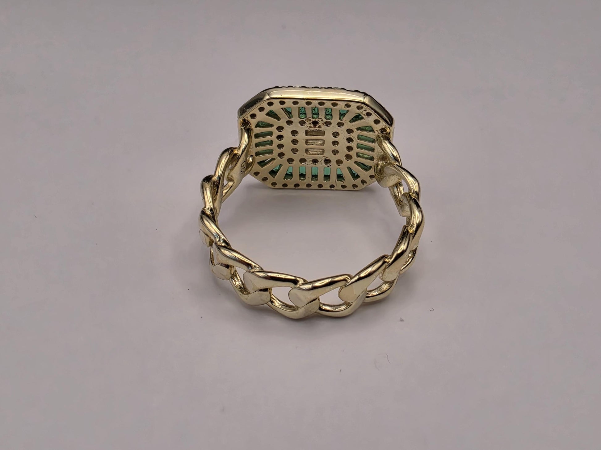 Gold Plated Emerald Green CZ Statement Ring Baguette Halo Cuban Curb Chain Band Size 5 Cocktail Ring Green White Stone Jewelry Gift for Her
