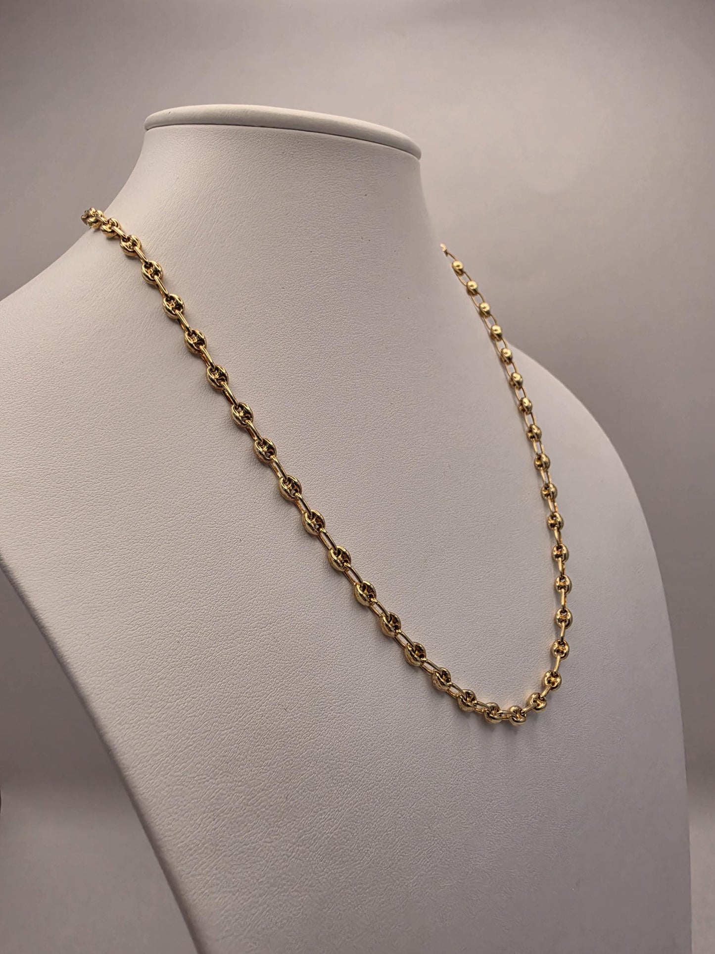 18K Gold Plated Mariner Link Necklace, Puffed Anchor Chain, Sterling Silver, 20 in 4.5mm, Unisex Gold Chain, Layering Necklace, Coffee Bean
