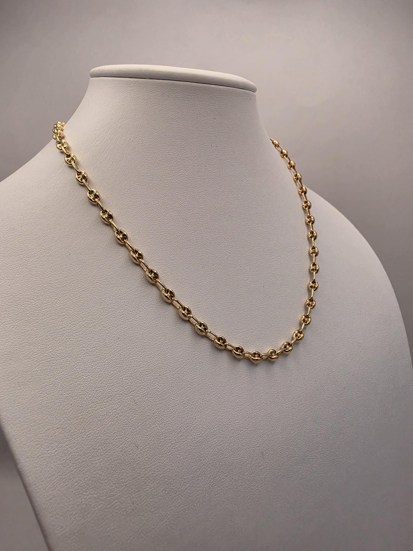 18K Gold Plated Mariner Link Necklace, Puffed Anchor Chain, Sterling Silver, 17.75 in 4.5mm, Gold Chain, Layering Necklace, Coffee Bean Gift