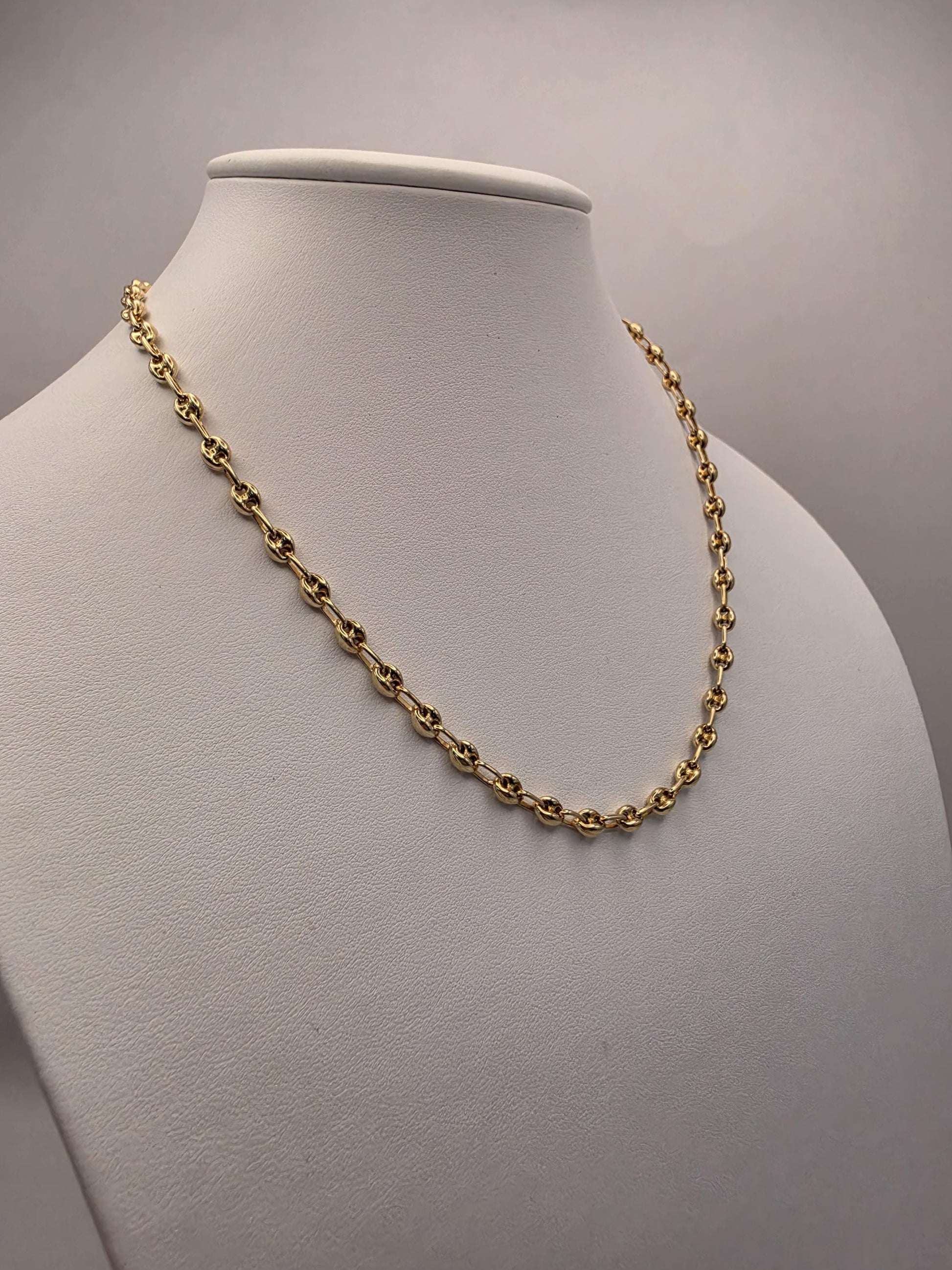 18K Gold Plated Mariner Link Necklace, Puffed Anchor Chain, Sterling Silver, 17.75 in 4.5mm, Gold Chain, Layering Necklace, Coffee Bean Gift