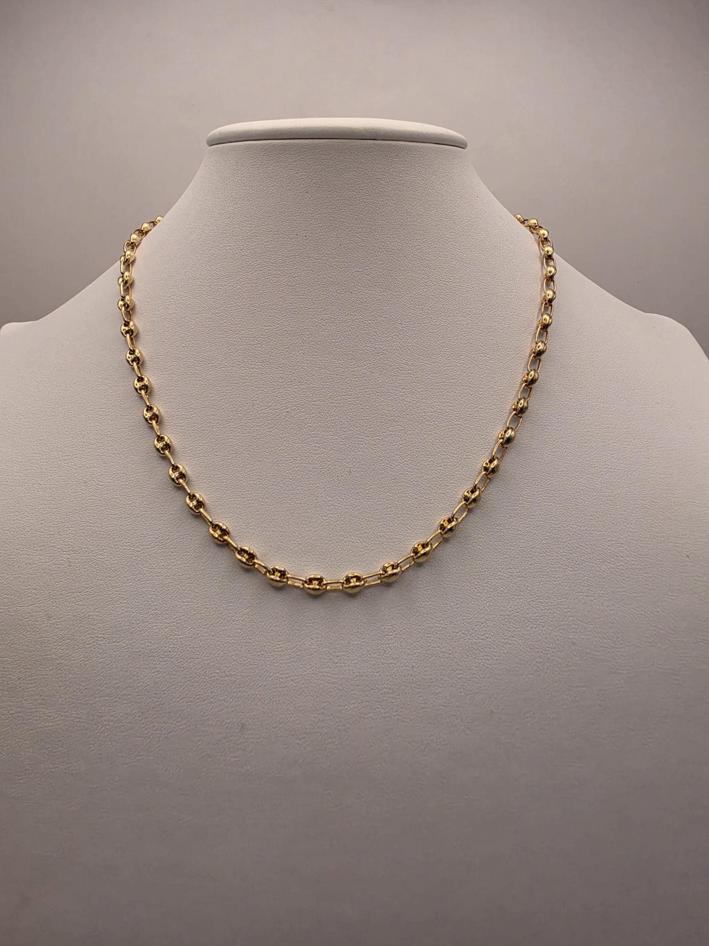 18K Gold Plated Mariner Link Necklace, Puffed Anchor Chain, Sterling Silver, 17.75 in 4.5mm, Gold Chain, Layering Necklace, Coffee Bean Gift