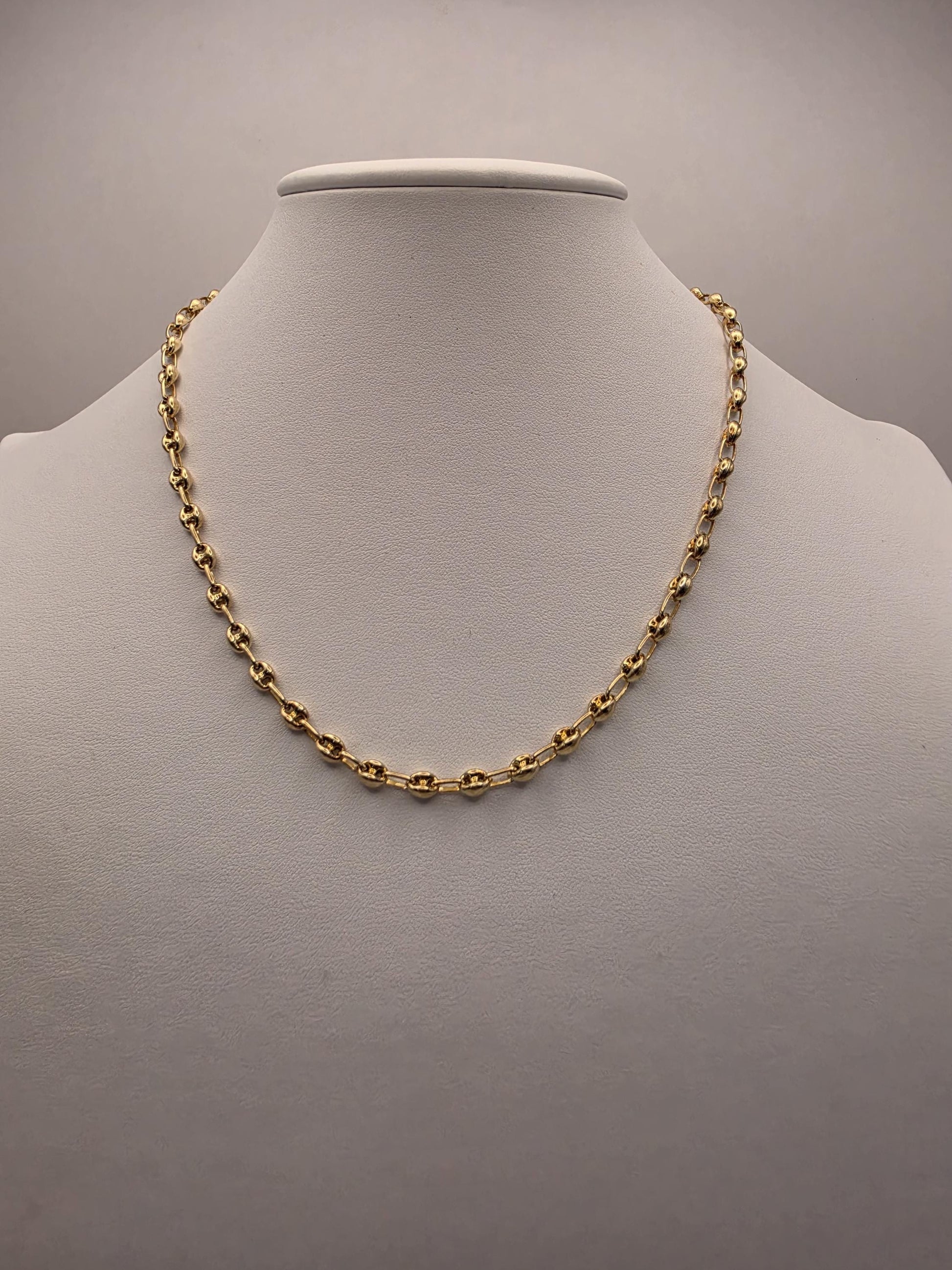 18K Gold Plated Mariner Link Necklace, Puffed Anchor Chain, Sterling Silver, 17.75 in 4.5mm, Gold Chain, Layering Necklace, Coffee Bean Gift