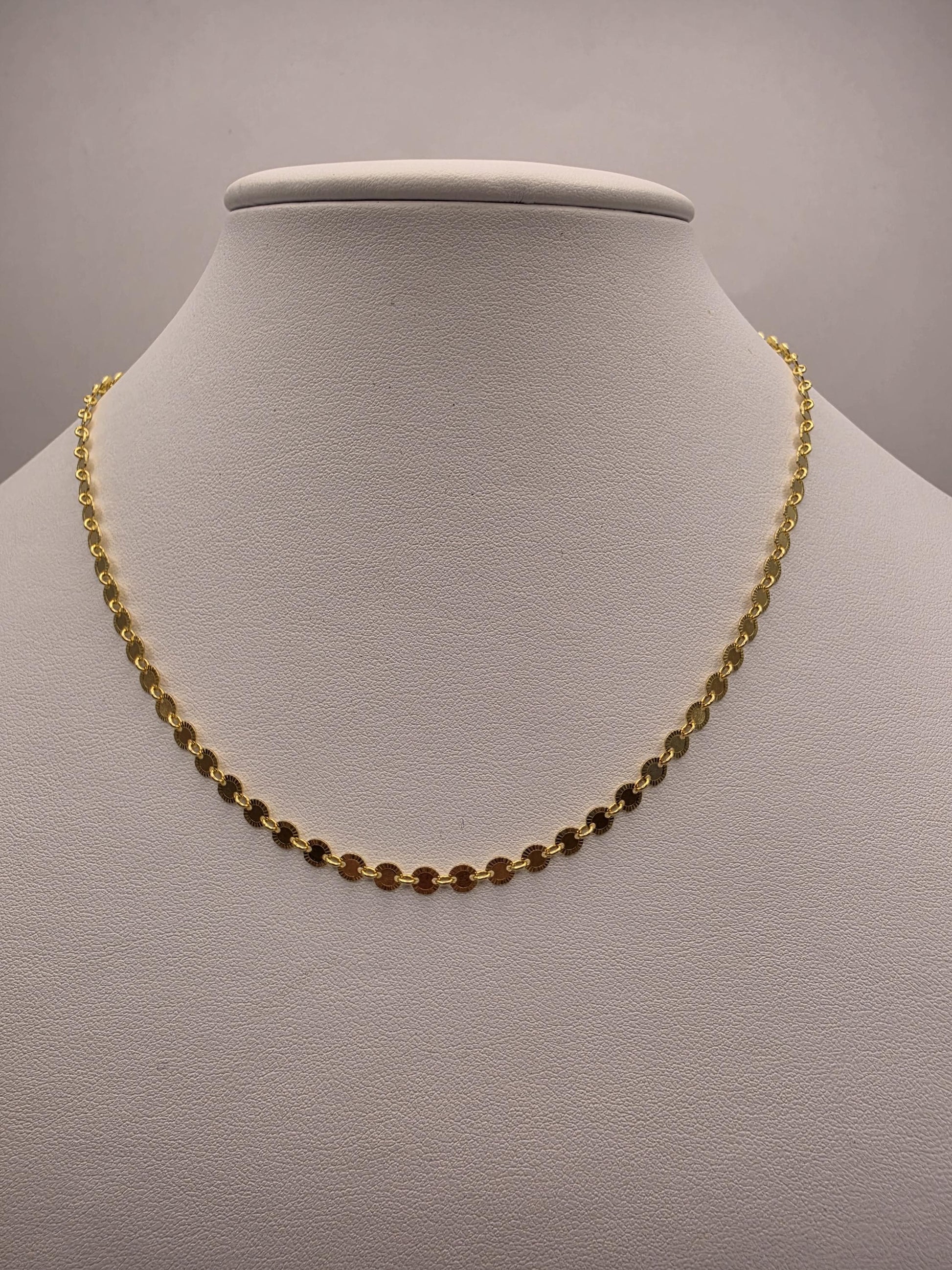 18K Gold Plated Sequin Chain Necklace, Sterling Silver, 16.5 in 4.38mm, Flat Mirror Disc Chain, Dainty Gold Layering Necklace, Gift for Her