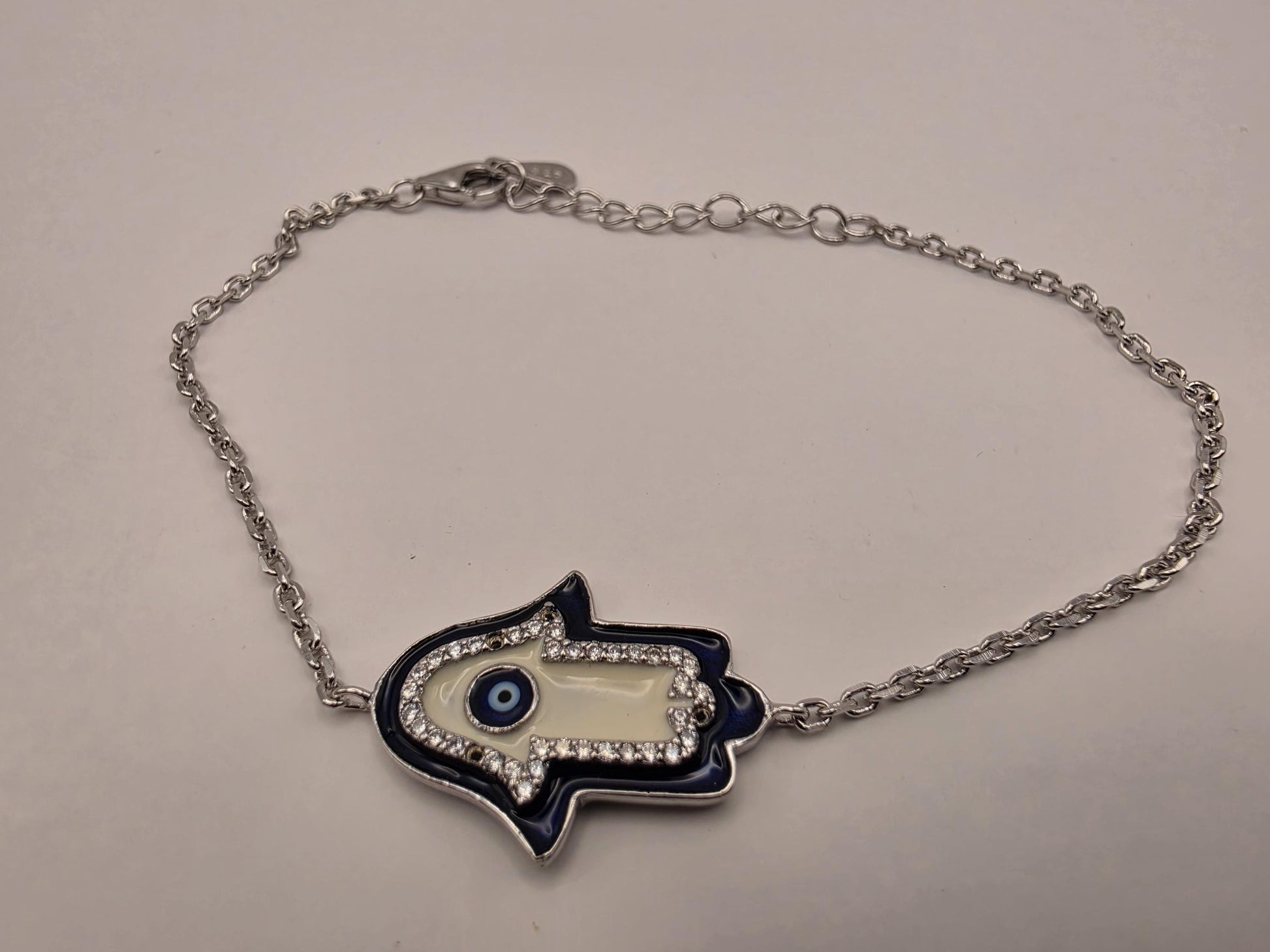 Sterling Silver Hamsa Hand Bracelet, Evil Eye, CZ and Enamel, 925 Silver, 8 in, Dainty Chain Bracelet, Protection Jewelry, Gift for Her