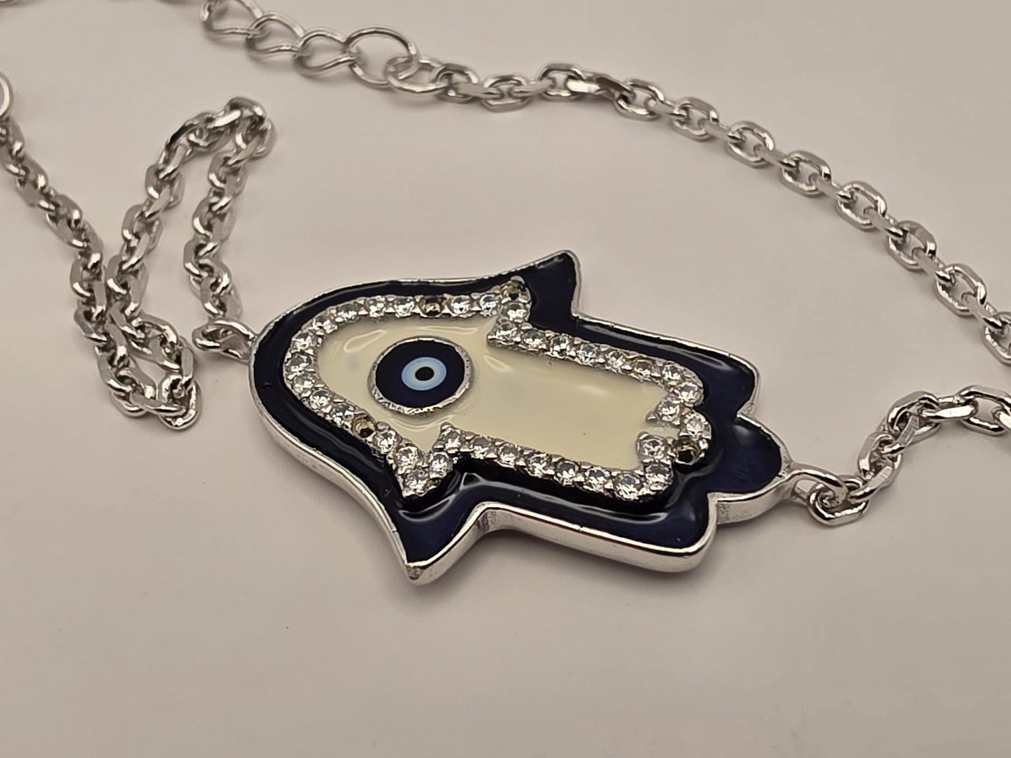 Sterling Silver Hamsa Hand Bracelet, Evil Eye, CZ and Enamel, 925 Silver, 8 in, Dainty Chain Bracelet, Protection Jewelry, Gift for Her