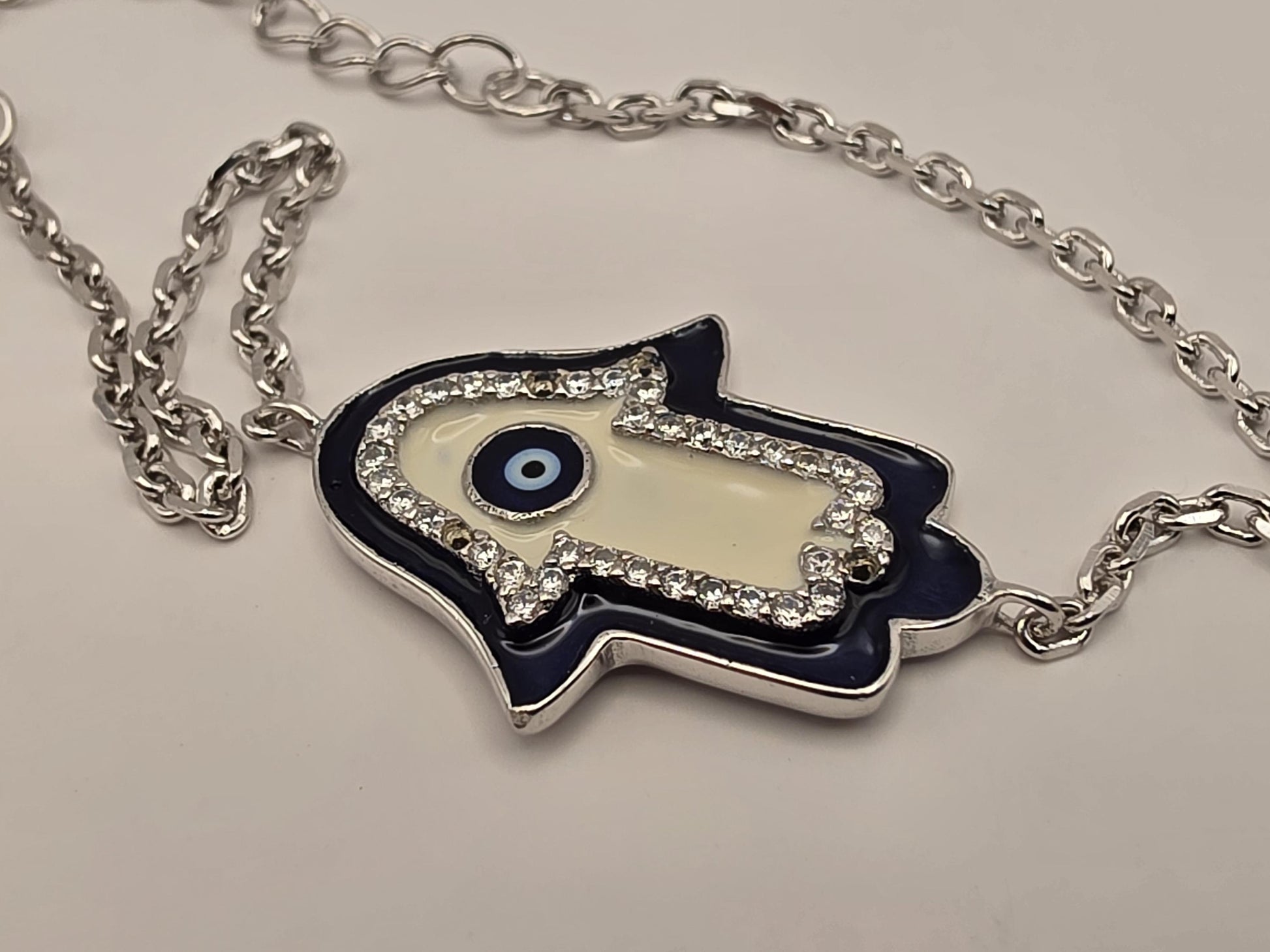 Sterling Silver Hamsa Hand Bracelet, Evil Eye, CZ and Enamel, 925 Silver, 8 in, Dainty Chain Bracelet, Protection Jewelry, Gift for Her