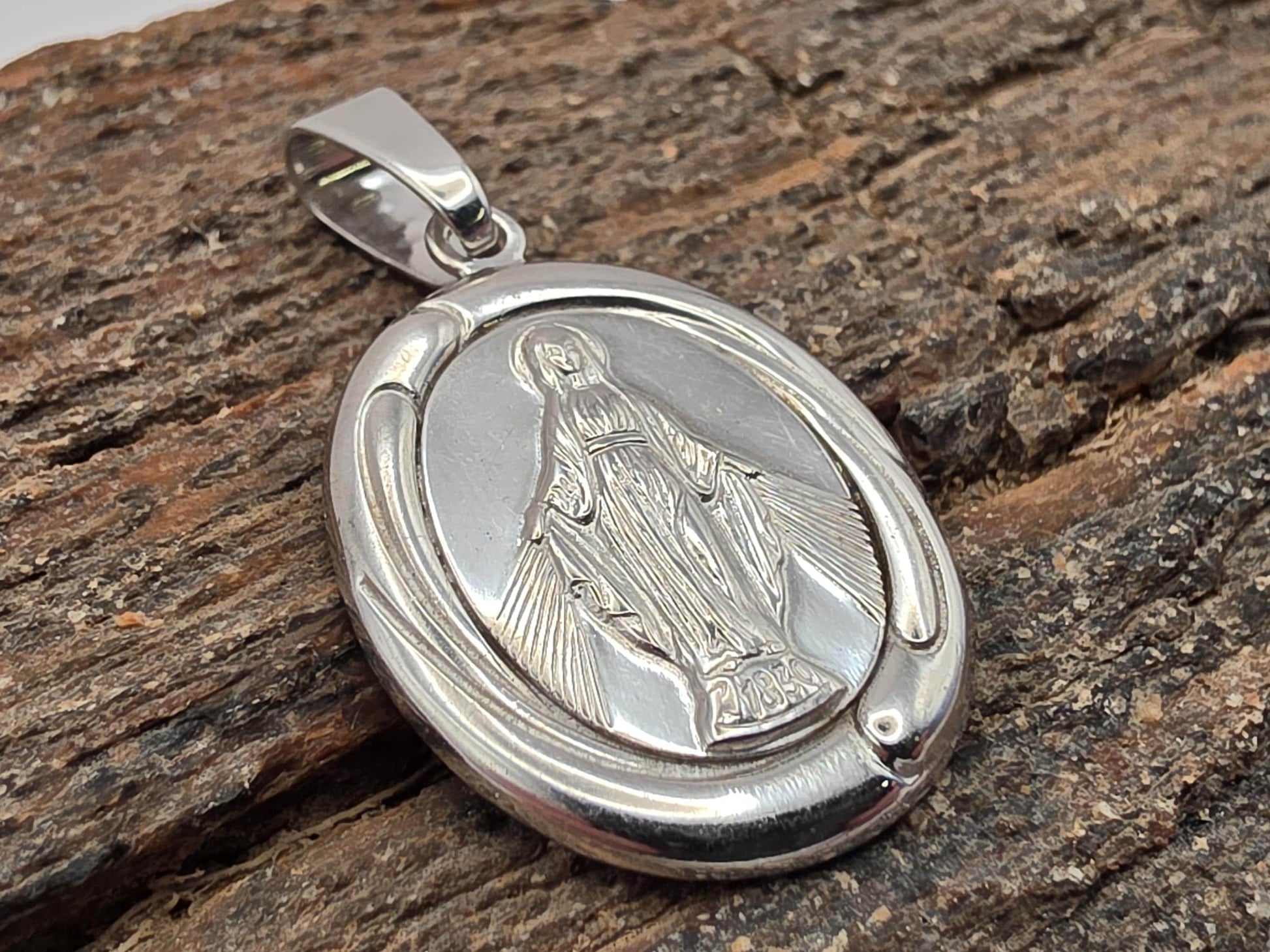 Sterling Silver Miraculous Medal Pendant, Virgin Mary Oval, 925 Silver, 1 in, Our Lady Religious Pendant, Catholic Jewelry, Faith Gift