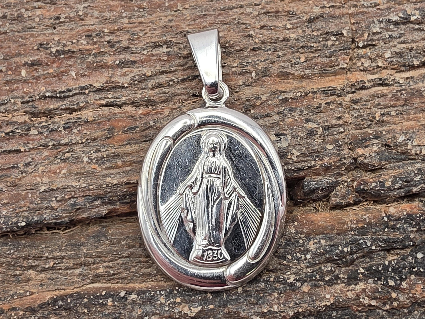 Sterling Silver Miraculous Medal Pendant, Virgin Mary Oval, 925 Silver, 1 in, Our Lady Religious Pendant, Catholic Jewelry, Faith Gift
