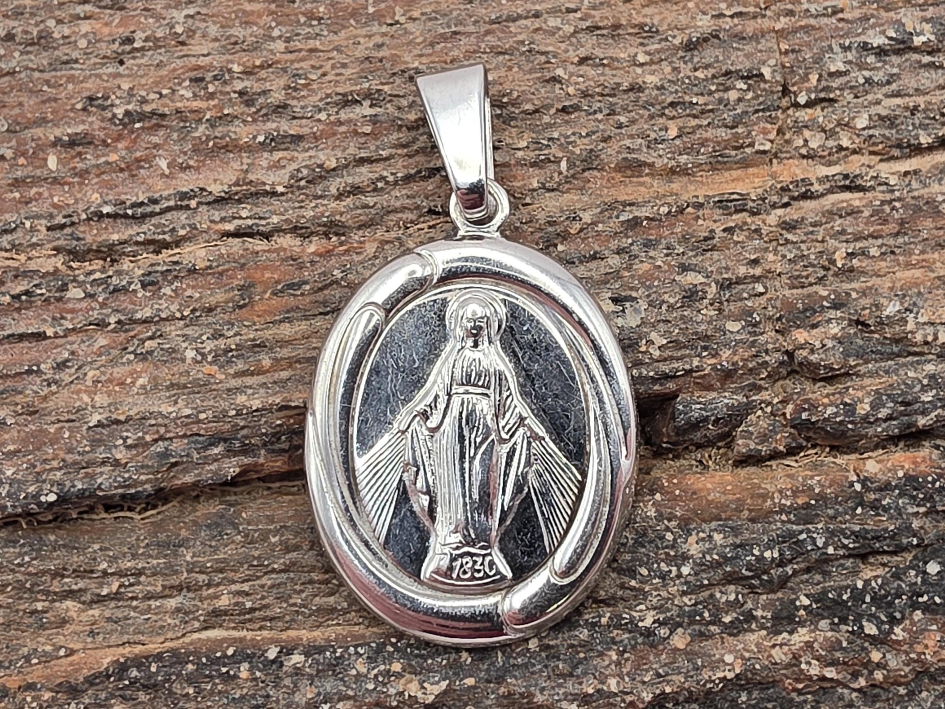 Sterling Silver Miraculous Medal Pendant, Virgin Mary Oval, 925 Silver, 1 in, Our Lady Religious Pendant, Catholic Jewelry, Faith Gift