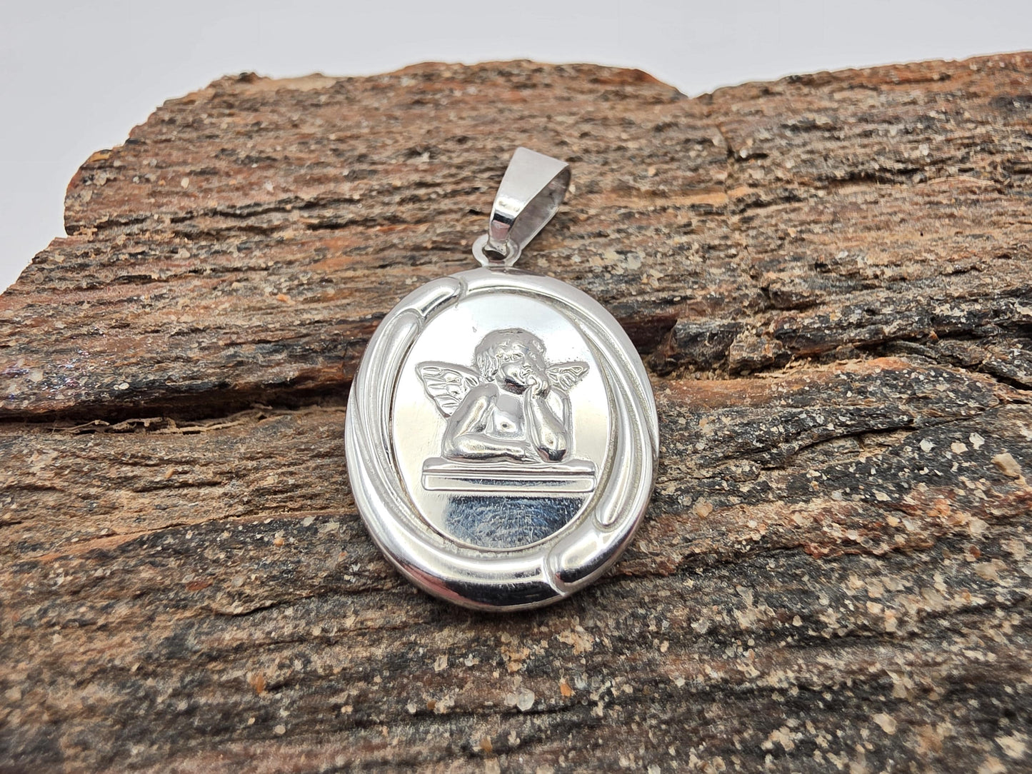 Sterling Silver Guardian Angel Pendant, Oval Medal, 925 Silver, 1 in, Religious Angel Pendant, Protection Jewelry, Faith Gift for Her