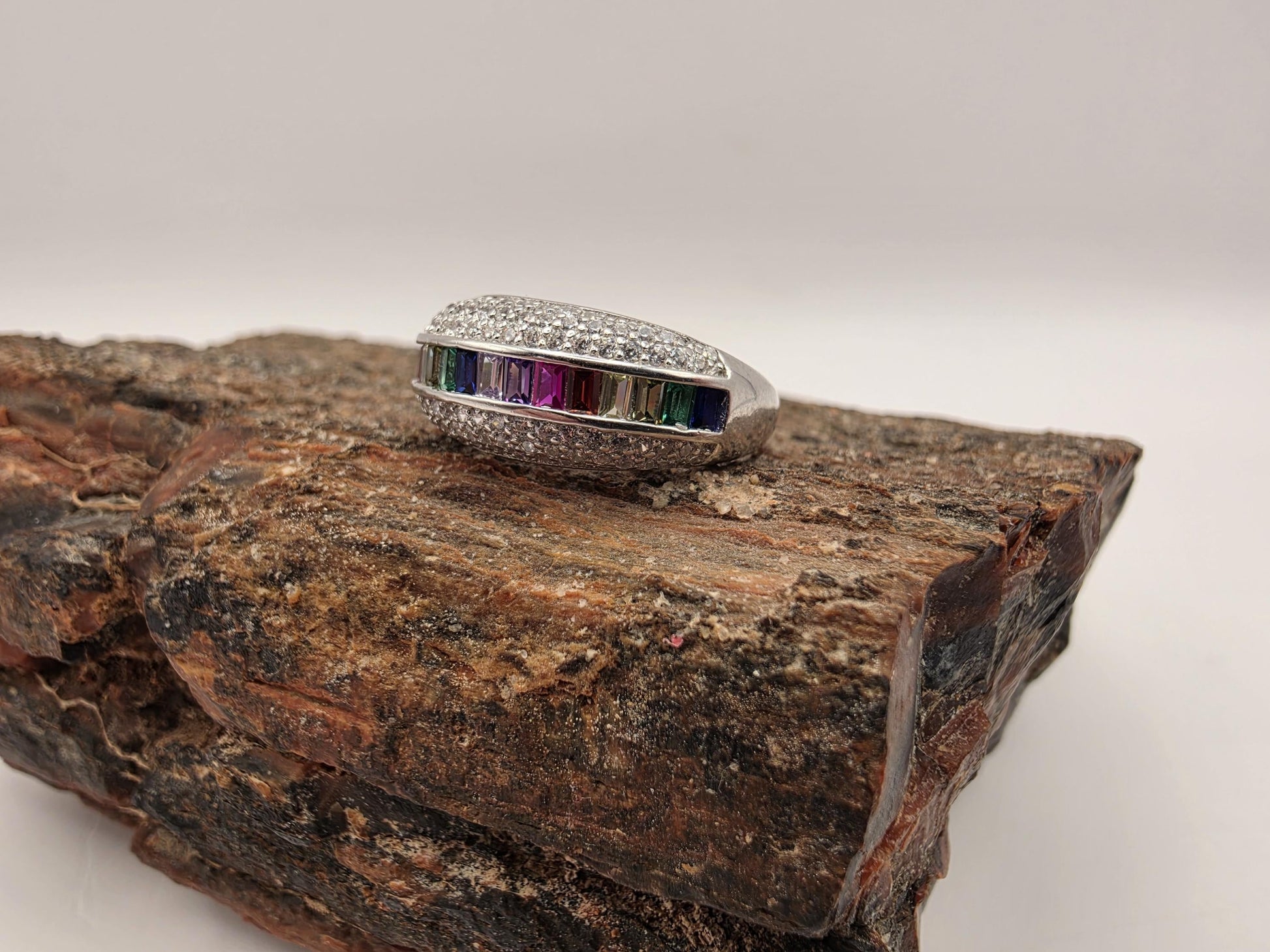 Sterling Silver Rainbow Eternity Band Ring, Multi Color CZ Baguette, 925 Silver, Size 6, Rainbow Ring, Stackable Band, Pride Gift