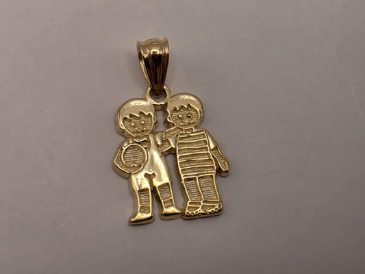 Solid 14K Yellow Gold Boy and Girl Pendant Brother Sister Children Charm Two Kids Family Mom Jewelry Gift Diamond Cut Detail Necklace Charm