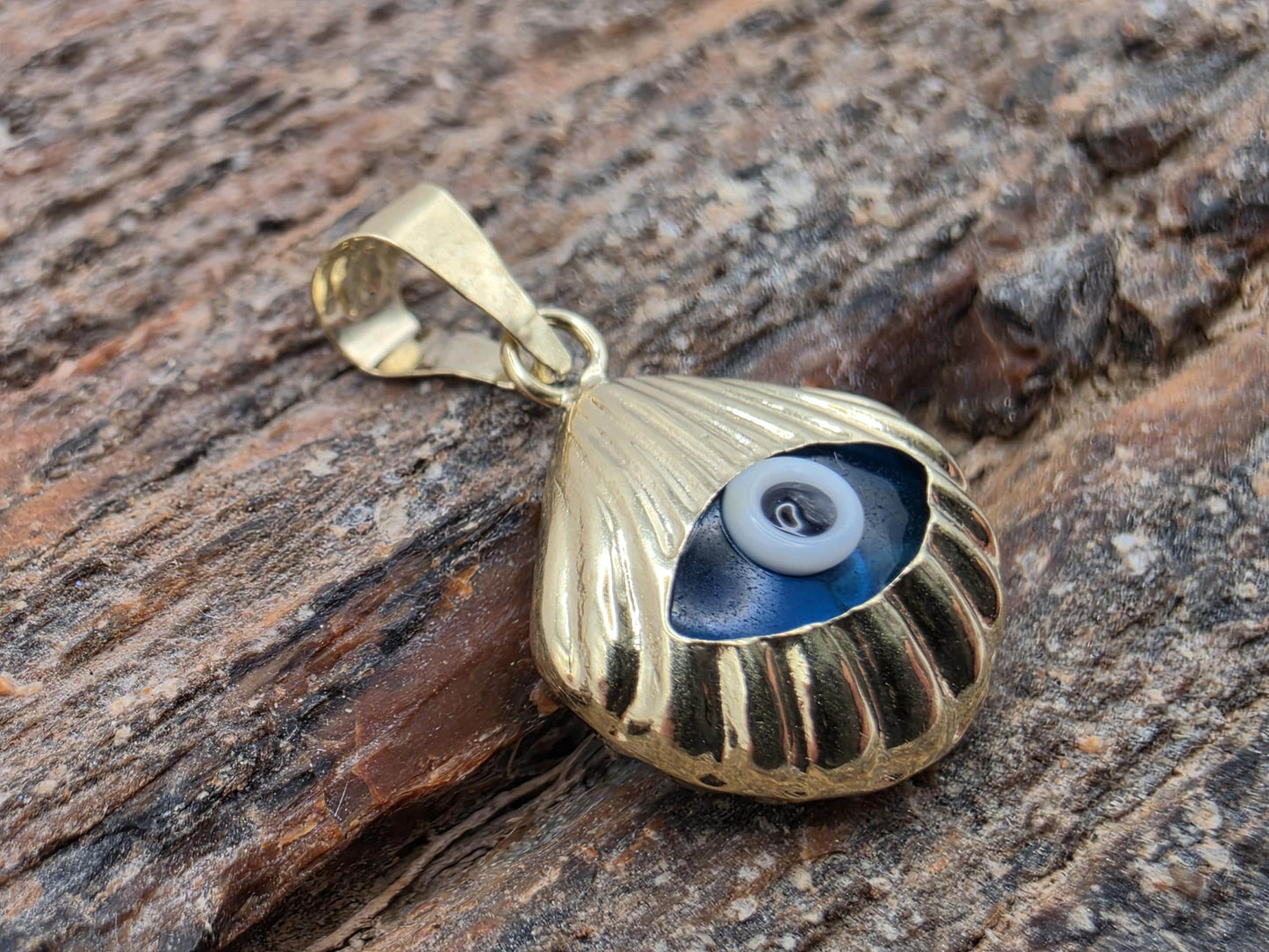 Solid 14K Yellow Gold Evil Eye Pendant Blue Glass Shell Fan Charm Nazar Protection Good Luck Jewelry Gift Turkish Greek Amulet Charm