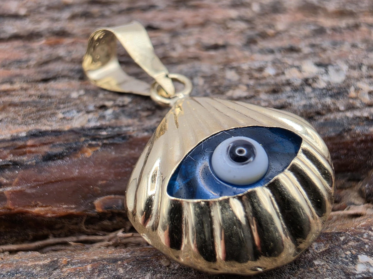 Solid 14K Yellow Gold Evil Eye Pendant Blue Glass Shell Fan Charm Nazar Protection Good Luck Jewelry Gift Turkish Greek Amulet Charm