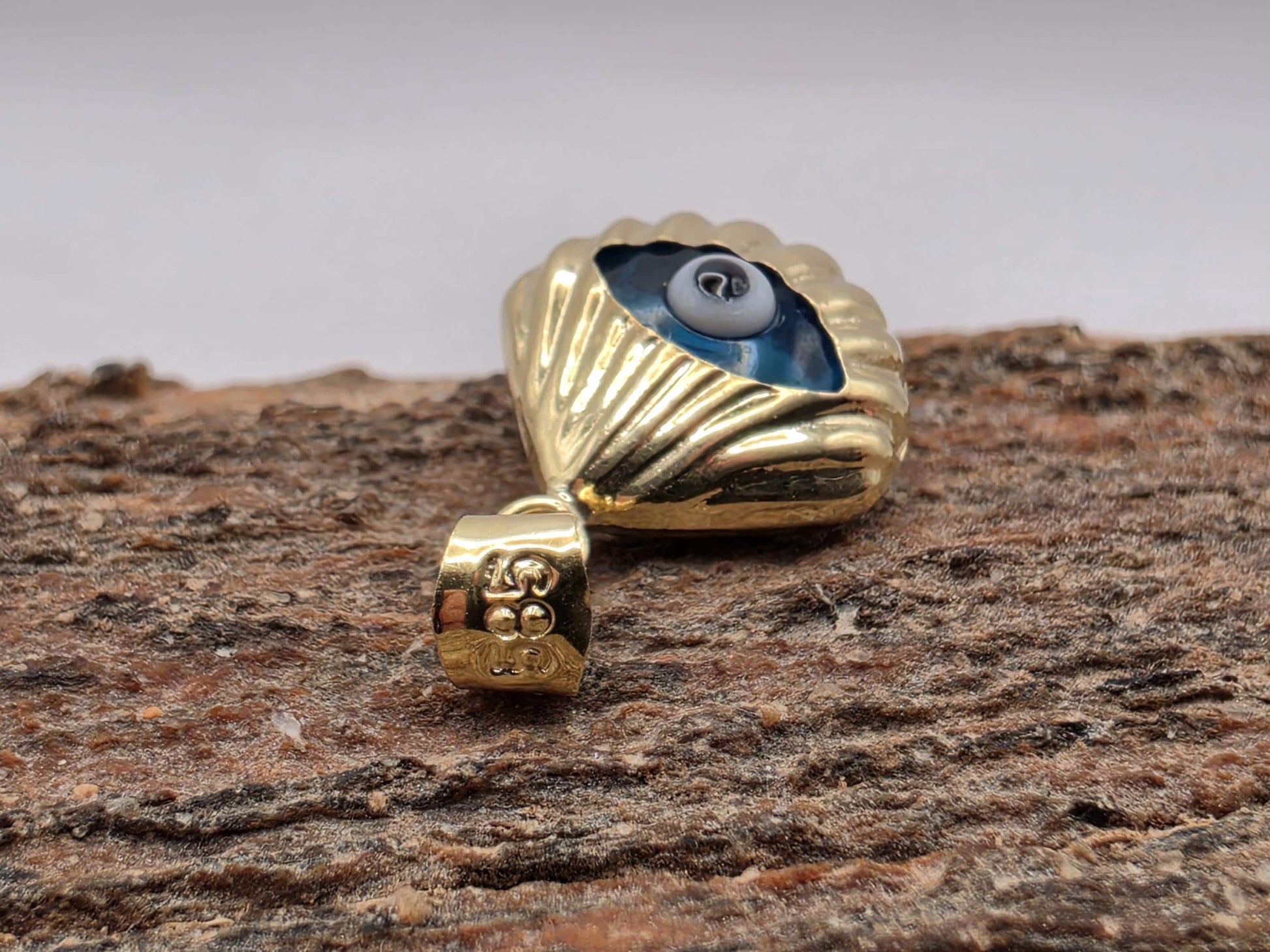 Solid 14K Yellow Gold Evil Eye Pendant Blue Glass Shell Fan Charm Nazar Protection Good Luck Jewelry Gift Turkish Greek Amulet Charm