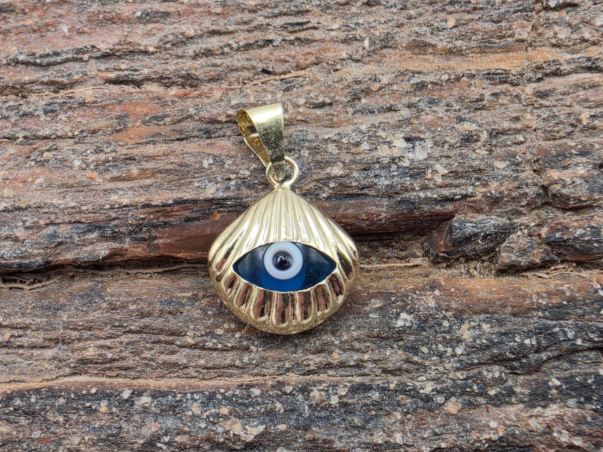 Solid 14K Yellow Gold Evil Eye Pendant Blue Glass Shell Fan Charm Nazar Protection Good Luck Jewelry Gift Turkish Greek Amulet Charm