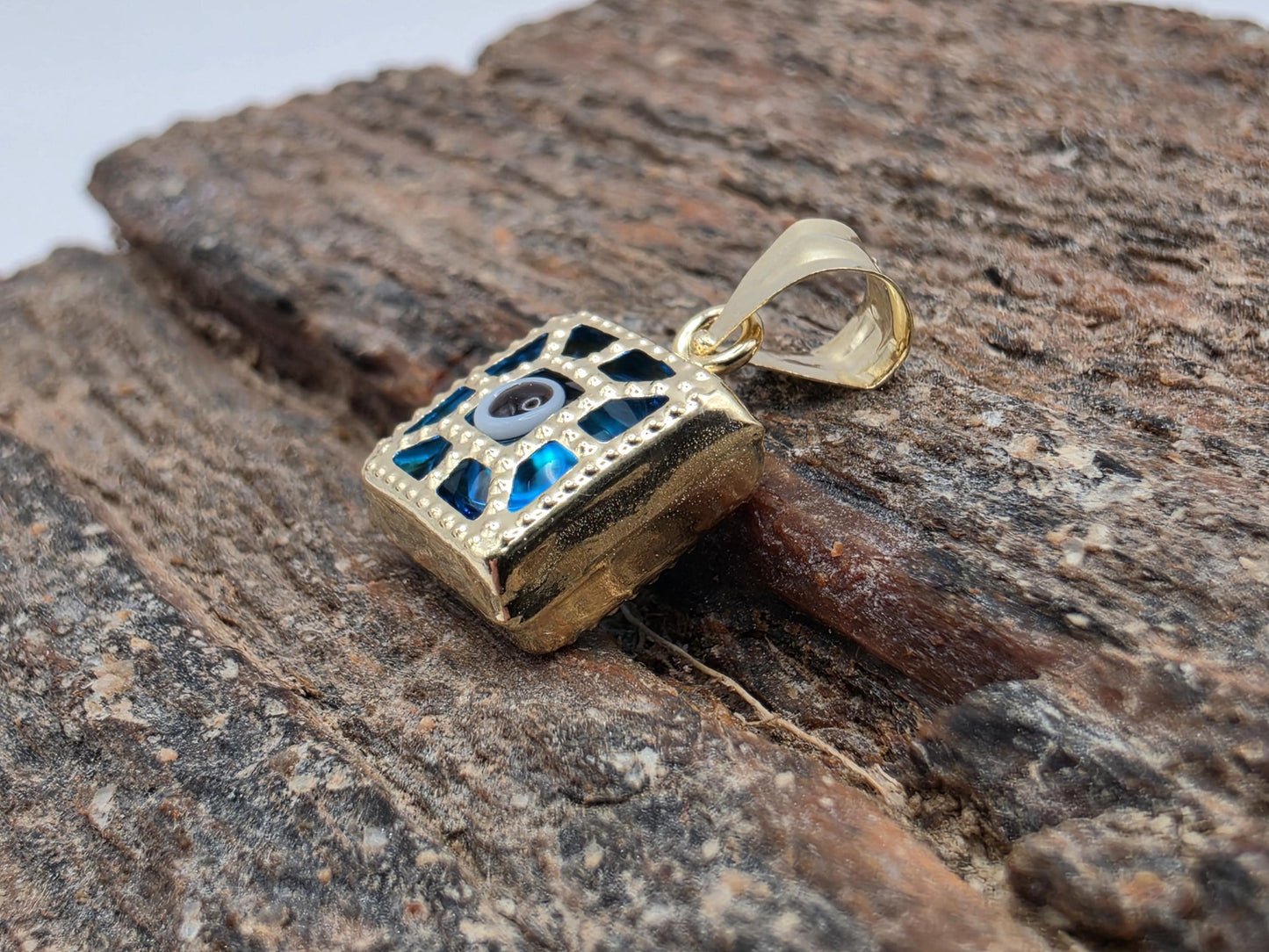 14K Yellow Gold Evil Eye Pendant Blue Glass Square Charm Nazar Protection Good Luck Jewelry Gift Turkish Greek Amulet Necklace Charm