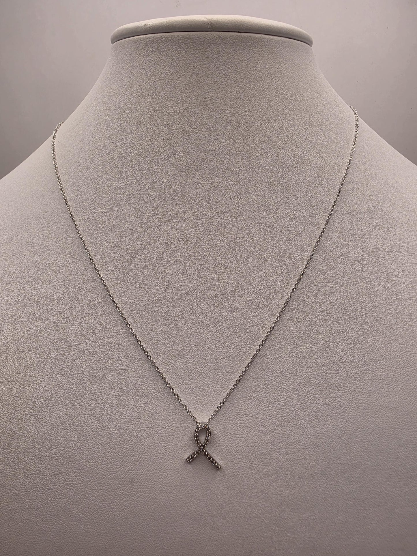 14K White Gold Diamond Awareness Ribbon Necklace Pave Ribbon Pendant Hope Support Survivor Jewelry Meaningful Gift Dainty Everyday 18 Inch