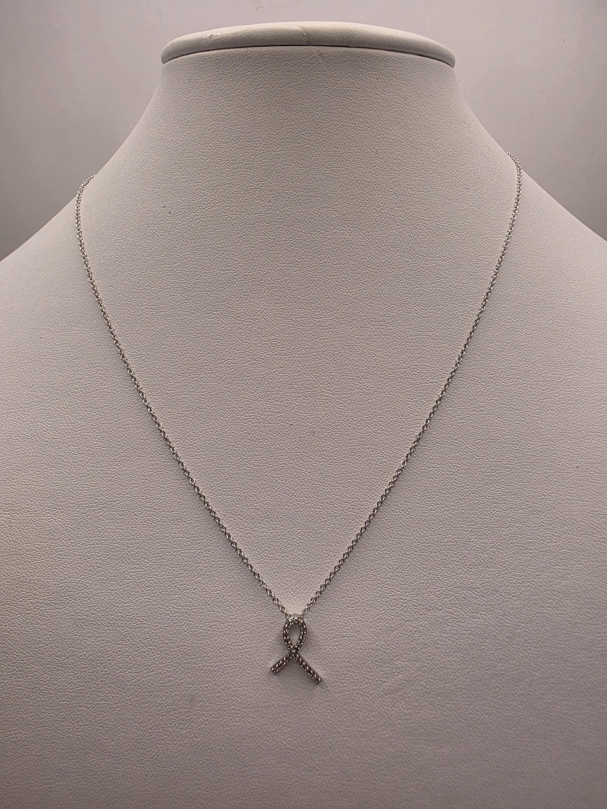 14K White Gold Diamond Awareness Ribbon Necklace Pave Ribbon Pendant Hope Support Survivor Jewelry Meaningful Gift Dainty Everyday 18 Inch