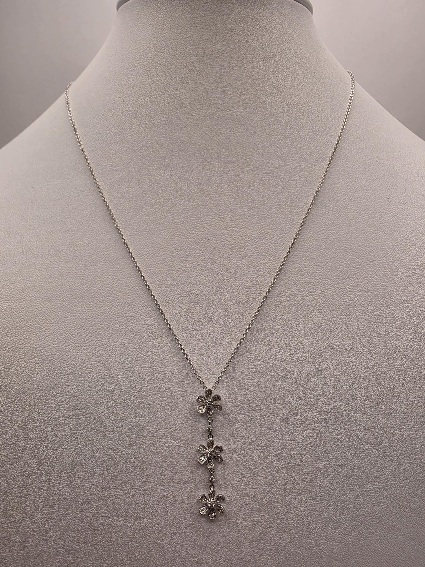 14K White Gold Diamond Flower Drop Necklace Triple Daisy Lariat Pendant Floral Pave Diamond Y Necklace Vintage Style Gift for Her 18 Inch
