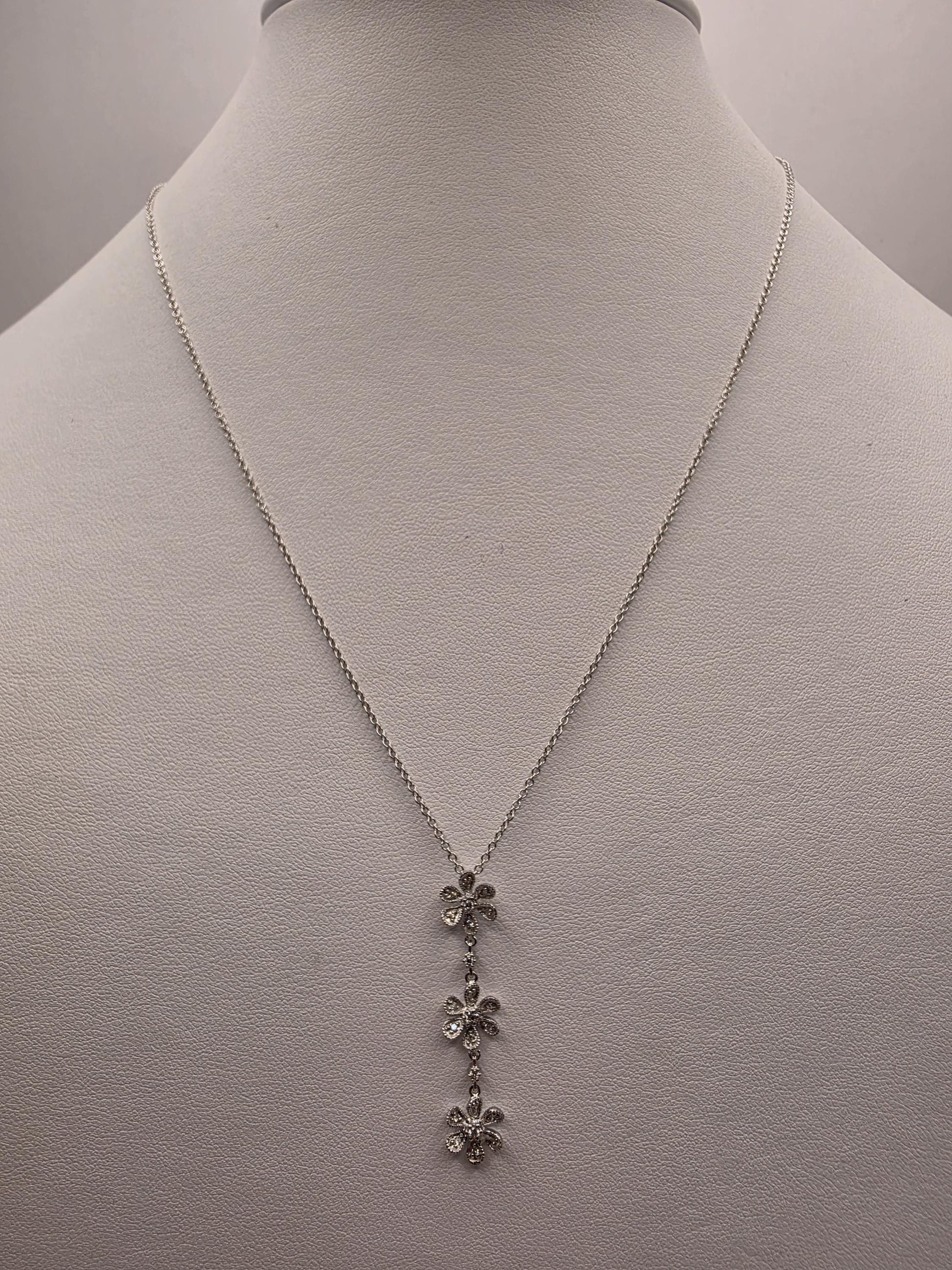 14K White Gold Diamond Flower Drop Necklace Triple Daisy Lariat Pendant Floral Pave Diamond Y Necklace Vintage Style Gift for Her 18 Inch