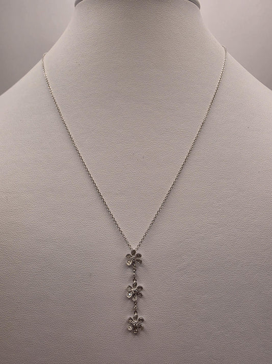 14K White Gold Diamond Flower Drop Necklace Triple Daisy Lariat Pendant Floral Pave Diamond Y Necklace Vintage Style Gift for Her 18 Inch