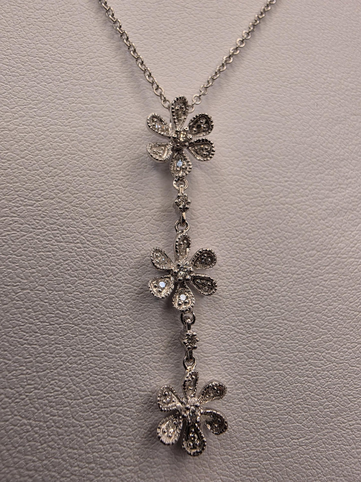 14K White Gold Diamond Flower Drop Necklace Triple Daisy Lariat Pendant Floral Pave Diamond Y Necklace Vintage Style Gift for Her 18 Inch