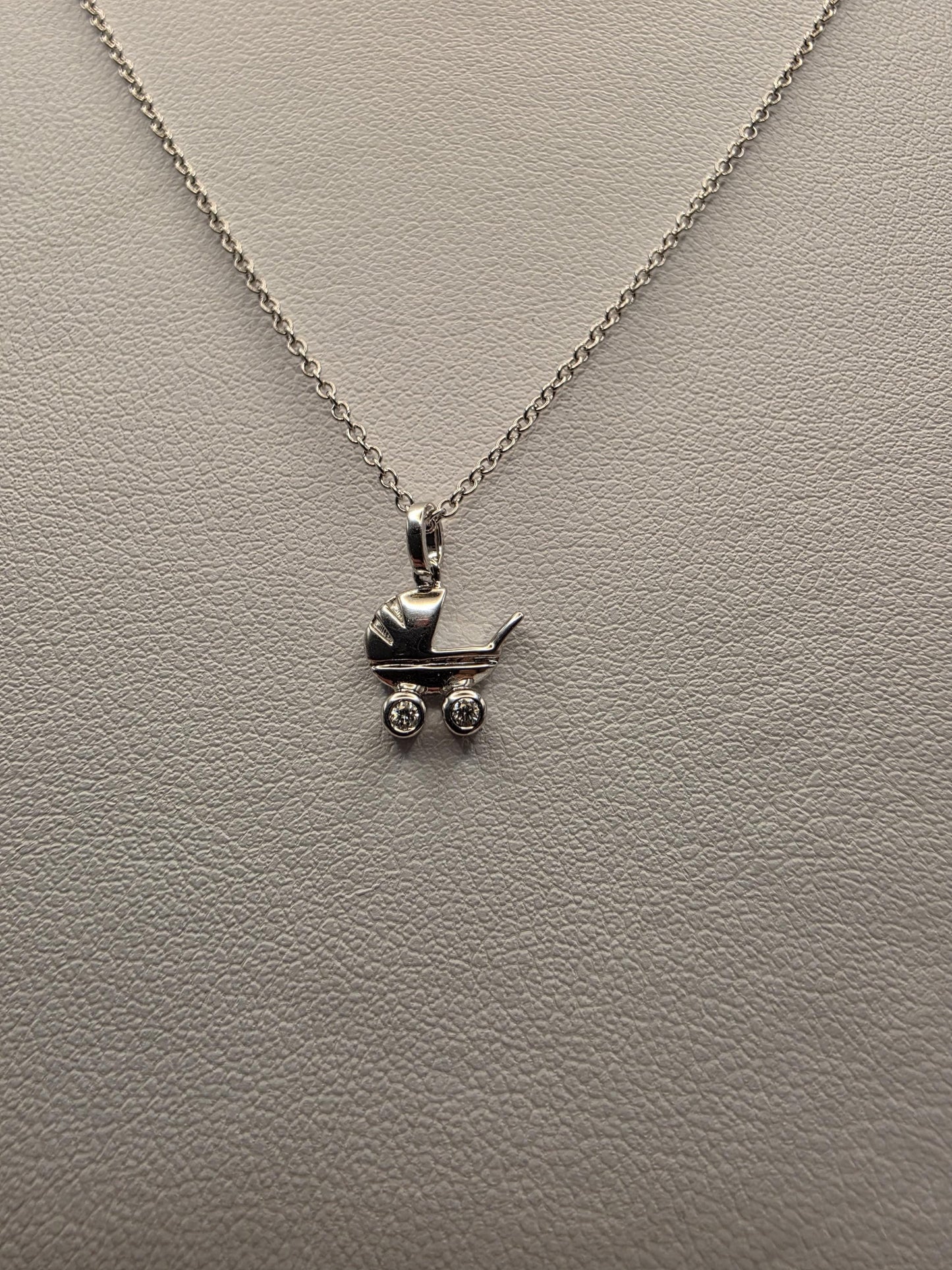 14K White Gold Diamond Baby Carriage Necklace Baby Pram Stroller Pendant New Mom Baby Shower Gift Newborn Keepsake Jewelry Dainty 18 Inch