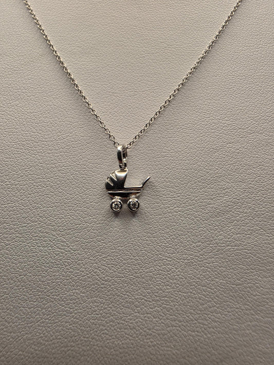 14K White Gold Diamond Baby Carriage Necklace Baby Pram Stroller Pendant New Mom Baby Shower Gift Newborn Keepsake Jewelry Dainty 18 Inch