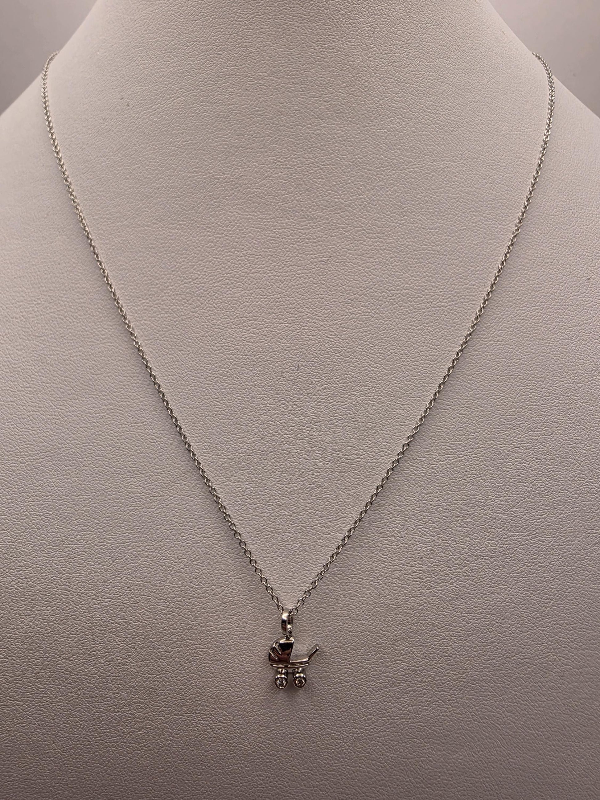 14K White Gold Diamond Baby Carriage Necklace Baby Pram Stroller Pendant New Mom Baby Shower Gift Newborn Keepsake Jewelry Dainty 18 Inch