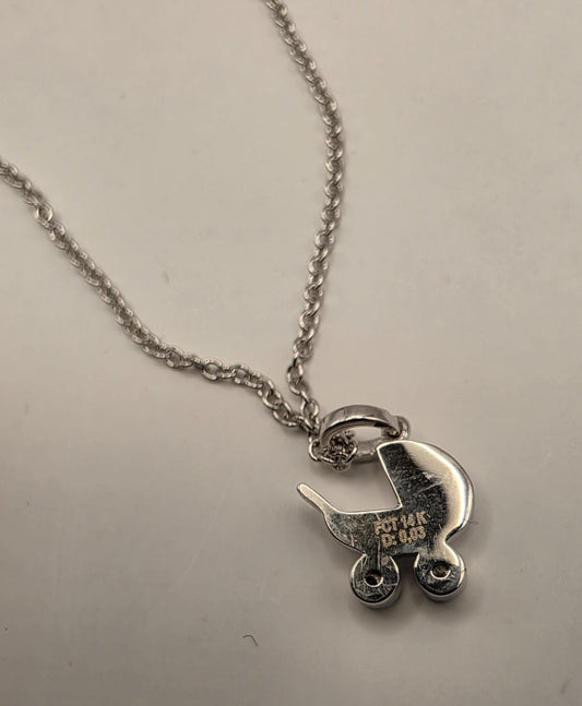 14K White Gold Diamond Baby Carriage Necklace Baby Pram Stroller Pendant New Mom Baby Shower Gift Newborn Keepsake Jewelry Dainty 18 Inch