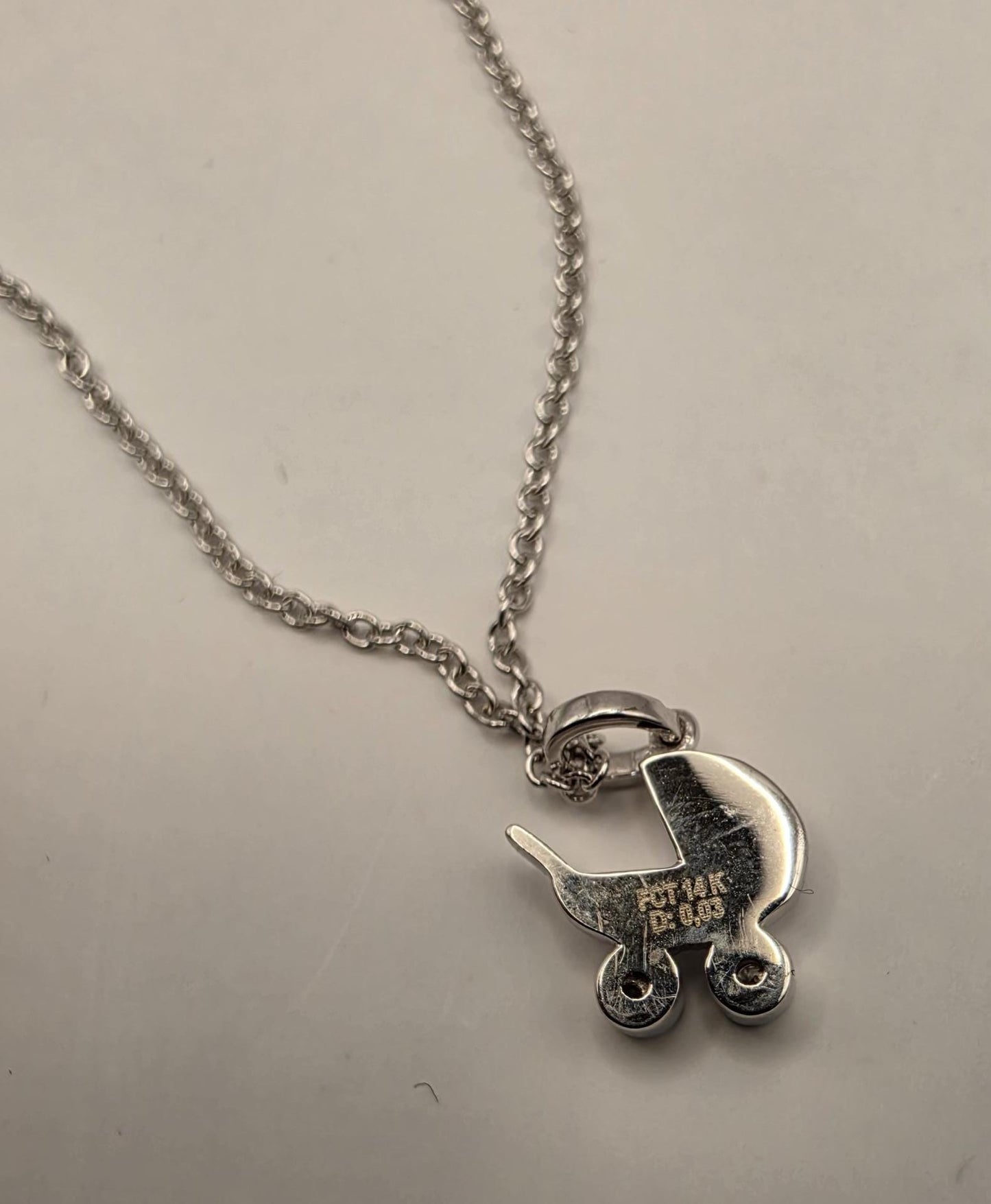 14K White Gold Diamond Baby Carriage Necklace Baby Pram Stroller Pendant New Mom Baby Shower Gift Newborn Keepsake Jewelry Dainty 18 Inch