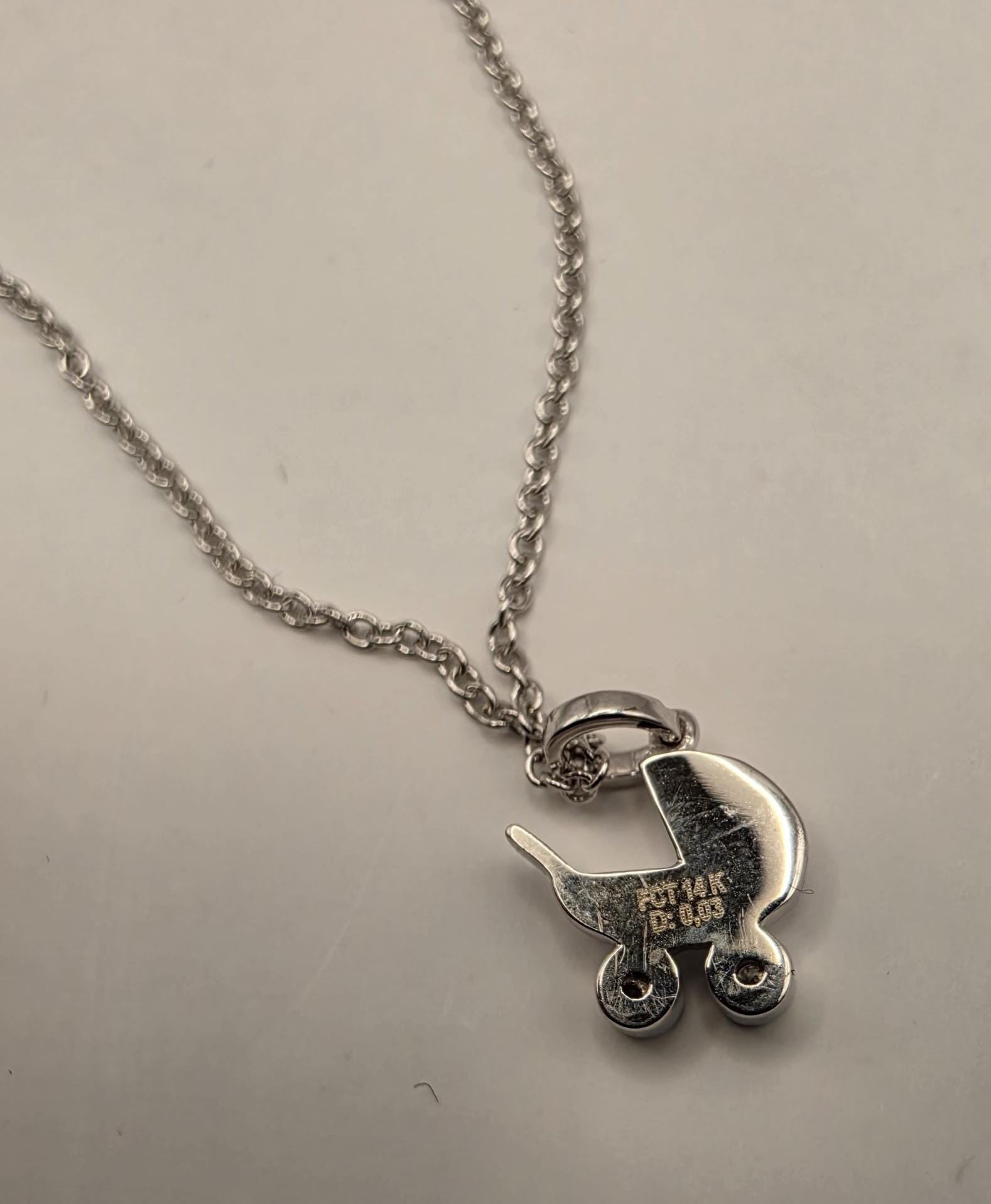 14K White Gold Diamond Baby Carriage Necklace Baby Pram Stroller Pendant New Mom Baby Shower Gift Newborn Keepsake Jewelry Dainty 18 Inch