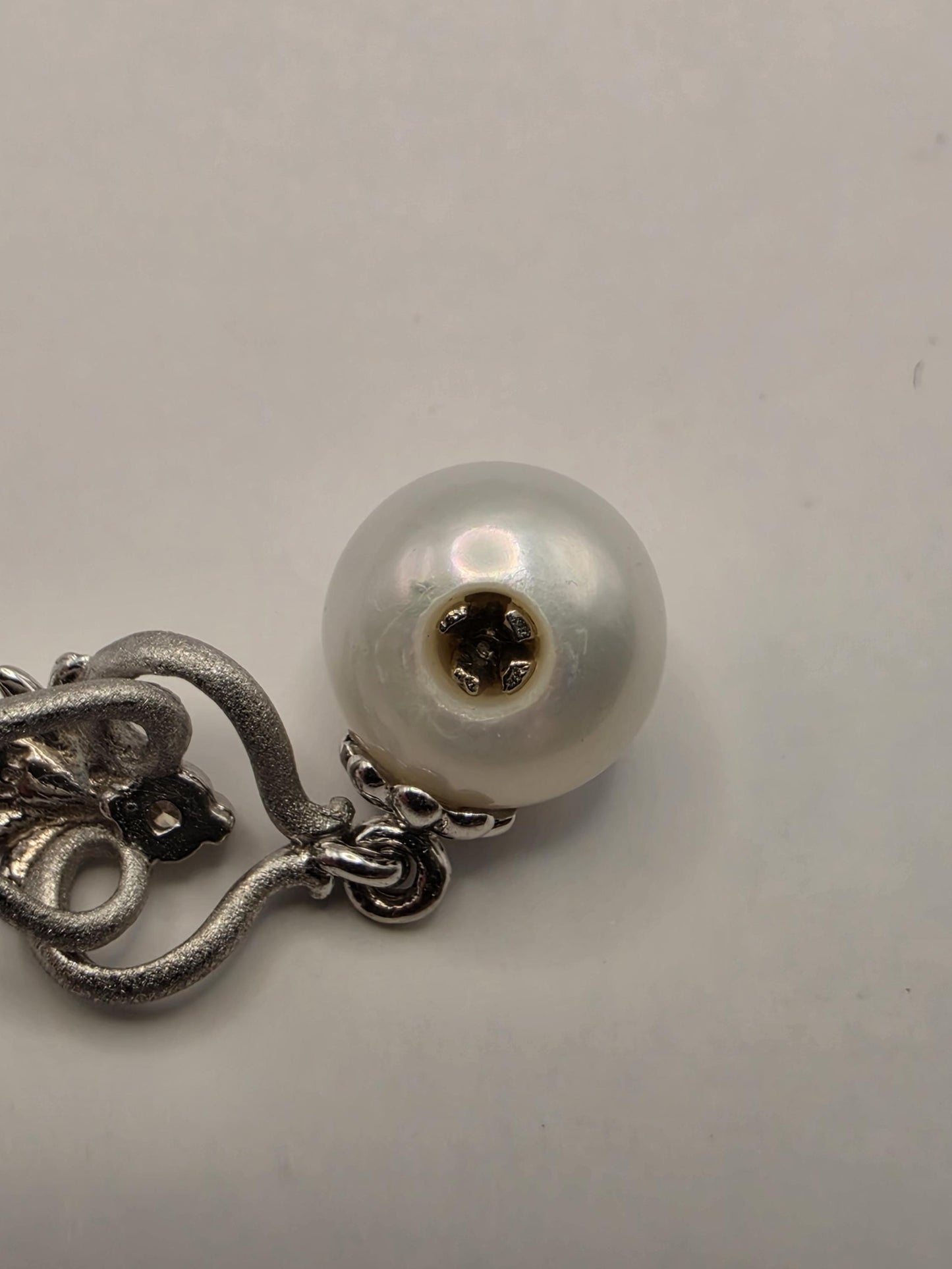 14K White Gold Pearl and Diamond Drop Necklace Vintage Filigree Cultured Pearl Pendant Milgrain Antique Style Bridal Gift for Her 18 Inch