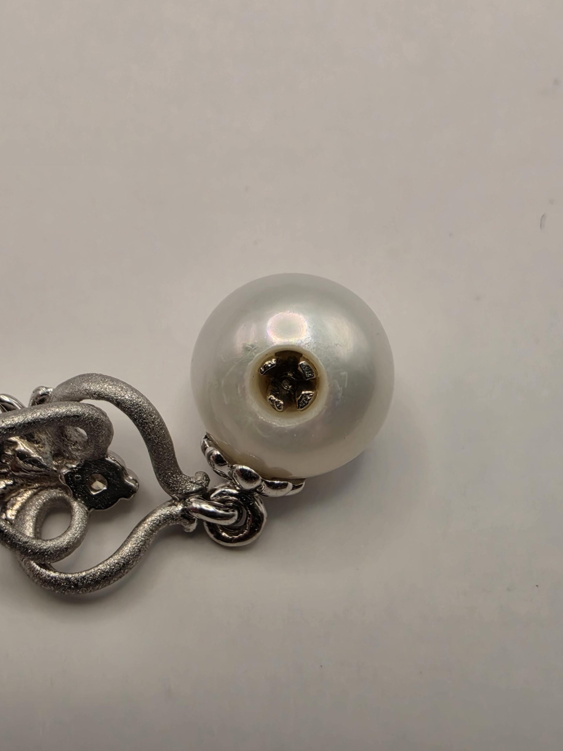 14K White Gold Pearl and Diamond Drop Necklace Vintage Filigree Cultured Pearl Pendant Milgrain Antique Style Bridal Gift for Her 18 Inch