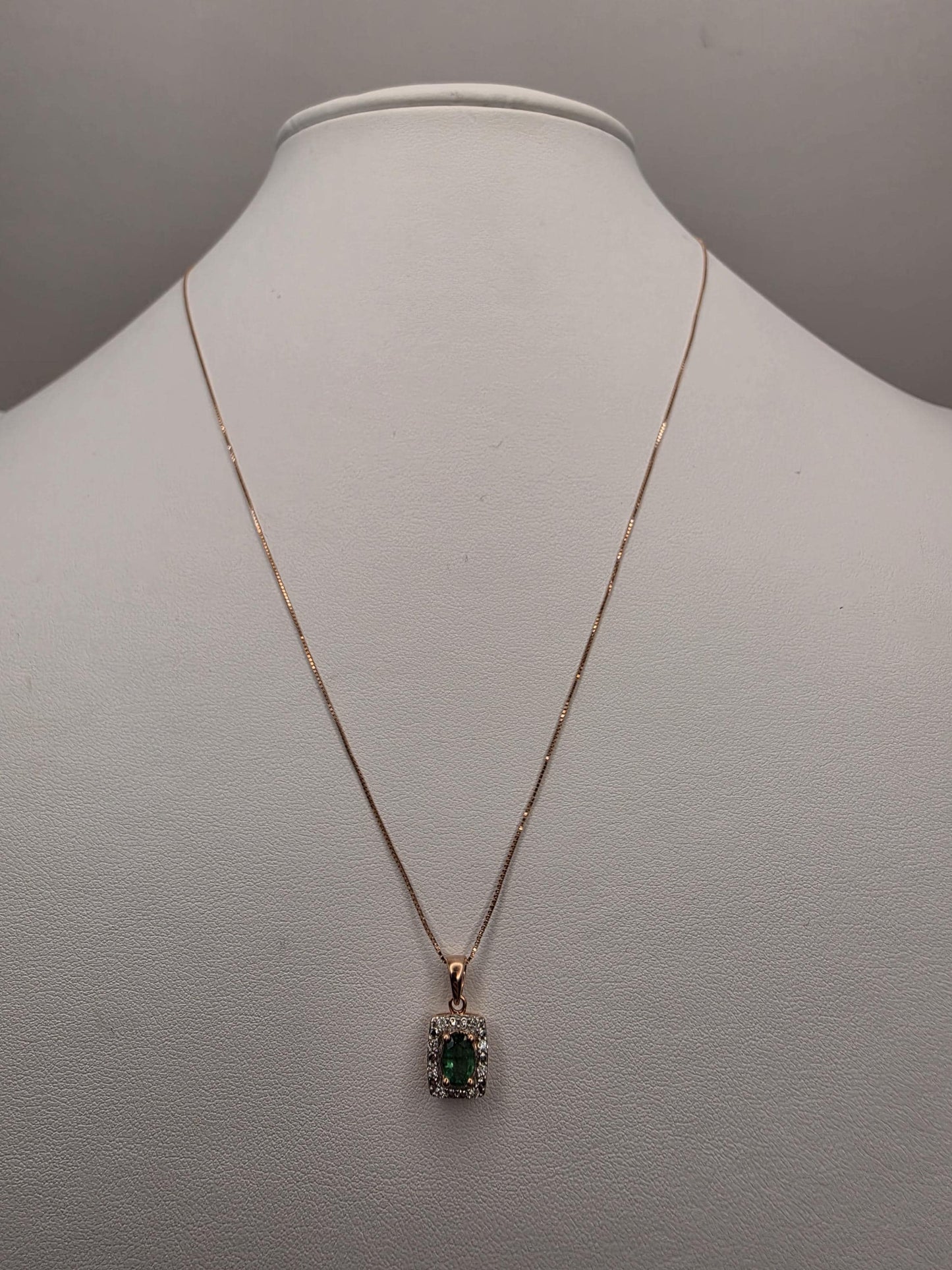 10K Rose Gold Emerald Diamond Halo Necklace Natural Emerald Pendant Green Gemstone May Birthstone Gift for Her Fine Jewelry 18 Inch