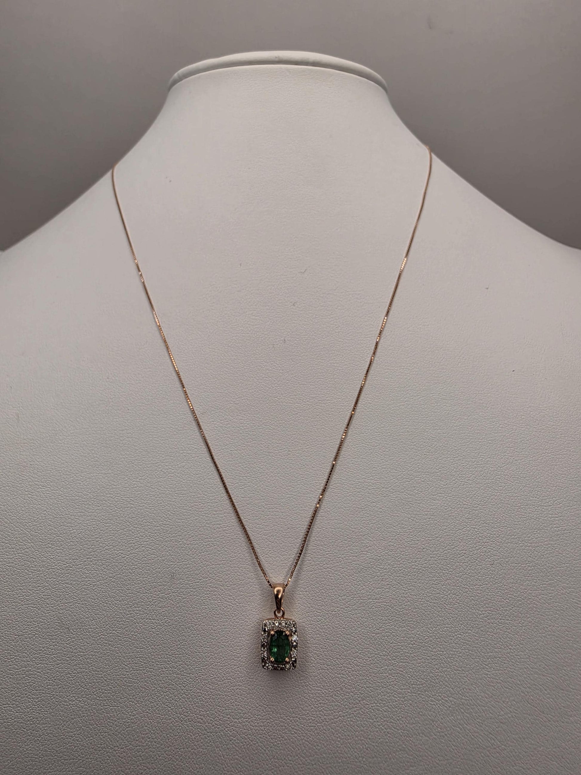 10K Rose Gold Emerald Diamond Halo Necklace Natural Emerald Pendant Green Gemstone May Birthstone Gift for Her Fine Jewelry 18 Inch