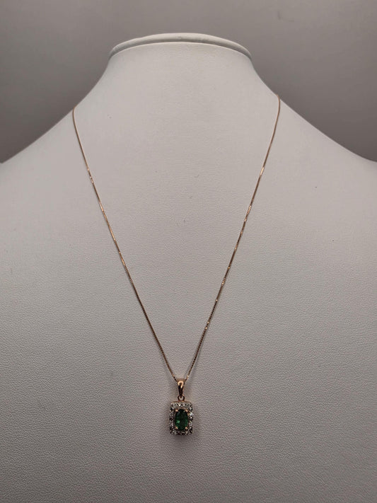10K Rose Gold Emerald Diamond Halo Necklace Natural Emerald Pendant Green Gemstone May Birthstone Gift for Her Fine Jewelry 18 Inch