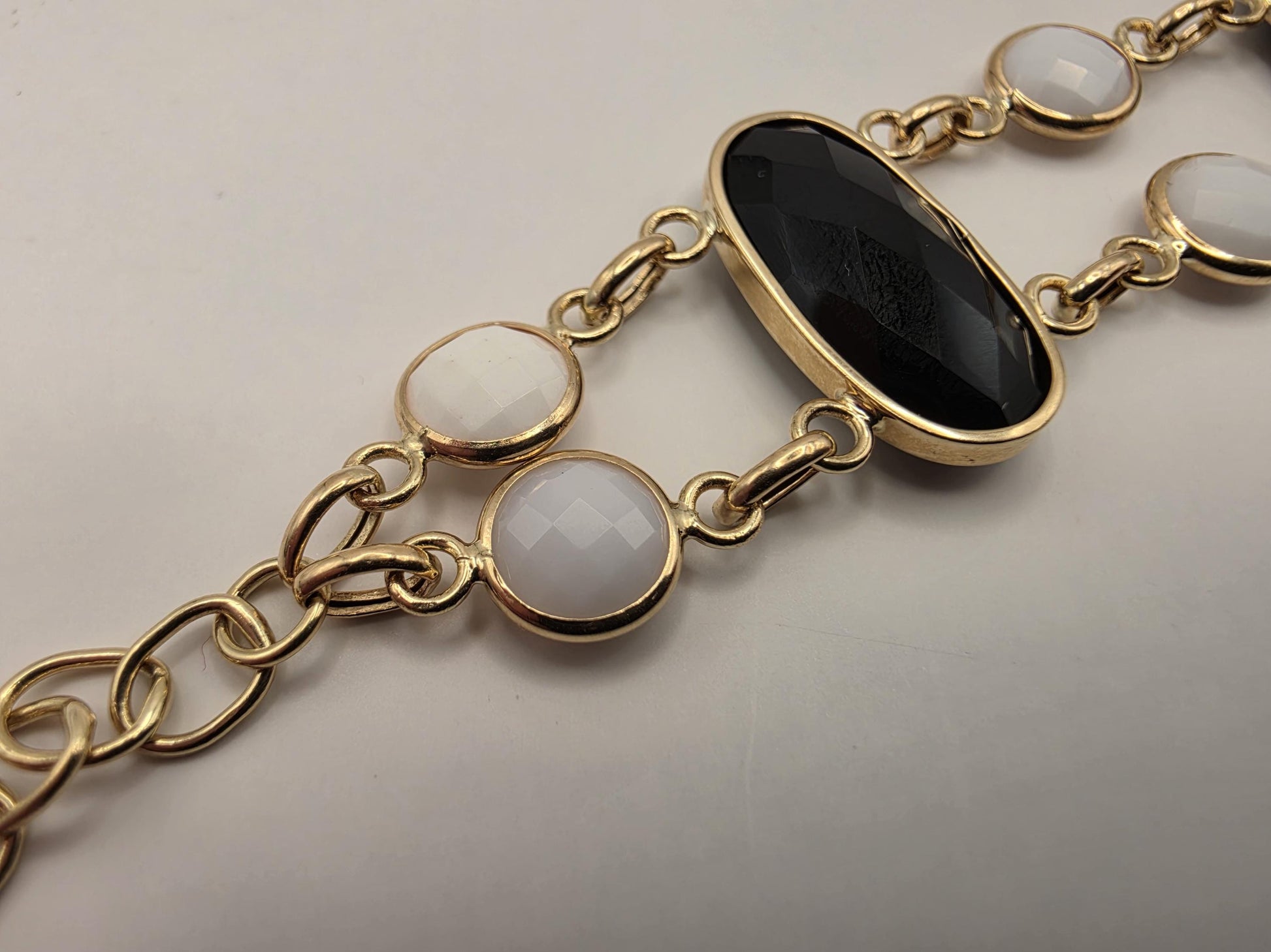 14K Yellow Gold Black and White Onyx Bracelet Faceted Oval Station Double Strand Statement Bracelet Fine Jewelry Gift for Her 8 Inch