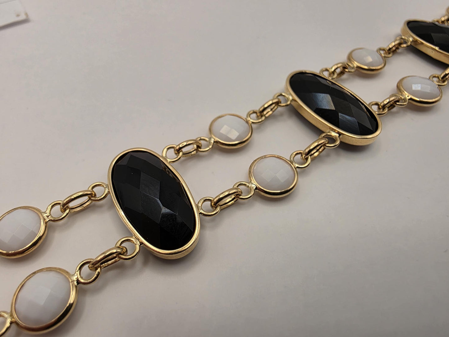 14K Yellow Gold Black and White Onyx Bracelet Faceted Oval Station Double Strand Statement Bracelet Fine Jewelry Gift for Her 8 Inch