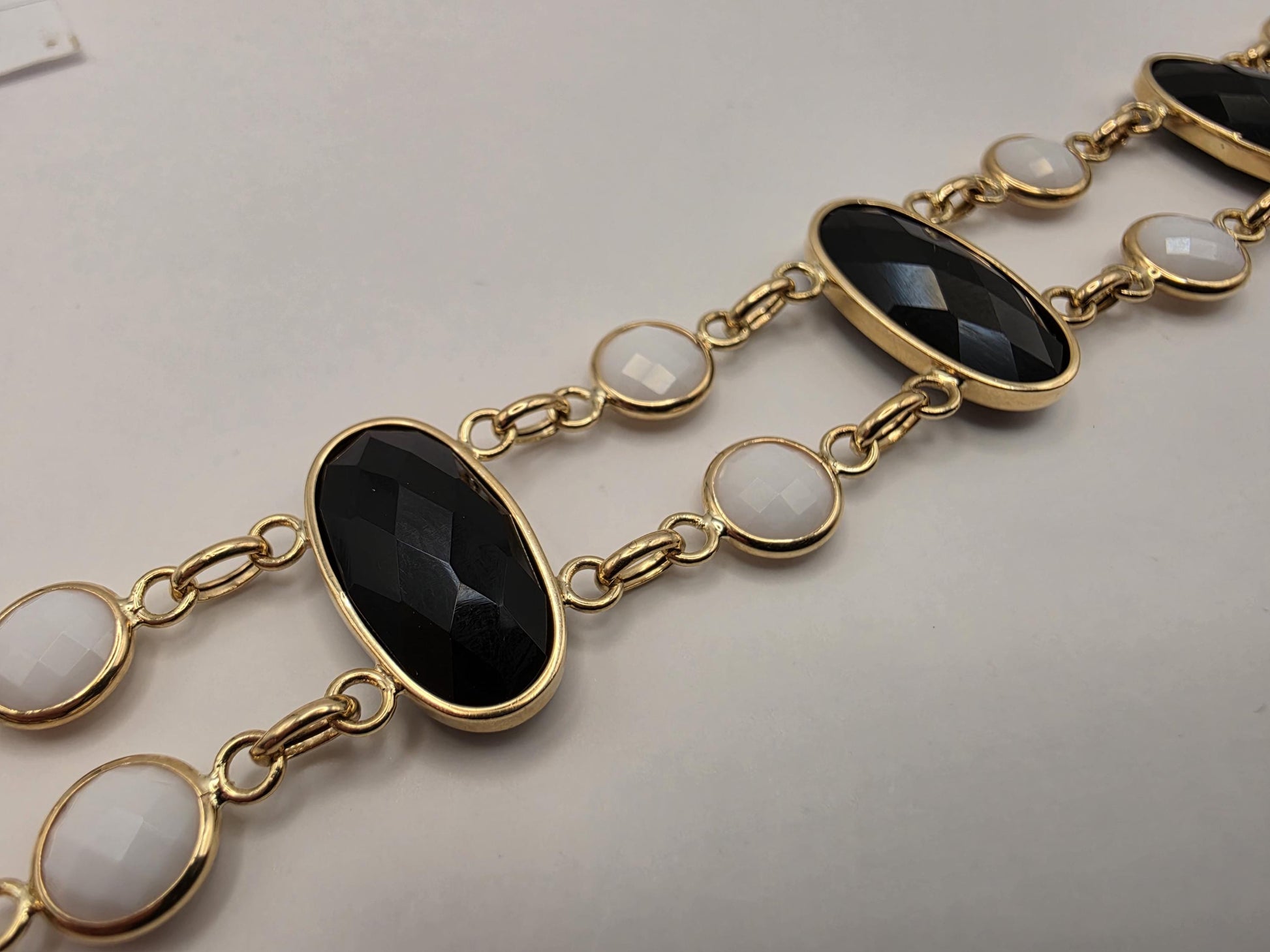 14K Yellow Gold Black and White Onyx Bracelet Faceted Oval Station Double Strand Statement Bracelet Fine Jewelry Gift for Her 8 Inch