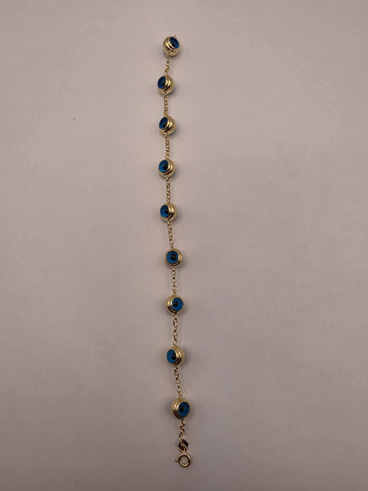 14K Yellow Gold Evil Eye Bracelet Blue Glass Bead Nazar Protection Good Luck Turkish Greek Amulet Fine Jewelry Gift for Her 7.5 Inch