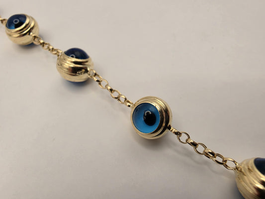14K Yellow Gold Evil Eye Bracelet Blue Glass Bead Nazar Protection Good Luck Turkish Greek Amulet Fine Jewelry Gift for Her 7.5 Inch