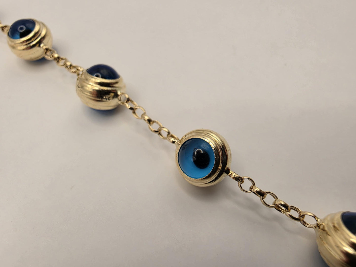 14K Yellow Gold Evil Eye Bracelet Blue Glass Bead Nazar Protection Good Luck Turkish Greek Amulet Fine Jewelry Gift for Her 7.5 Inch