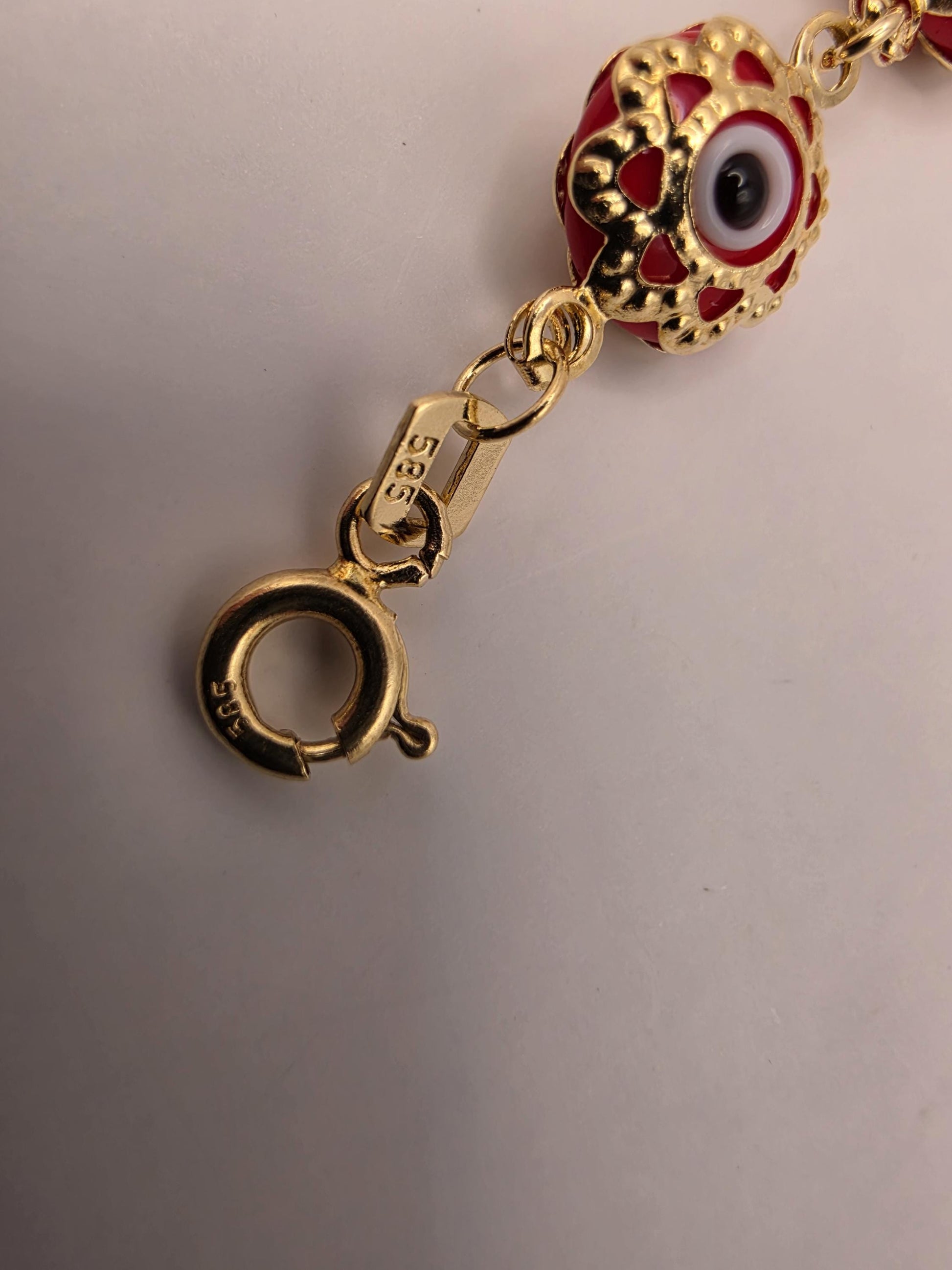 14K Yellow Gold Evil Eye Bracelet Red Flower Glass Bead Nazar Protection Good Luck Turkish Greek Amulet Fine Jewelry Gift for Her 7 Inch