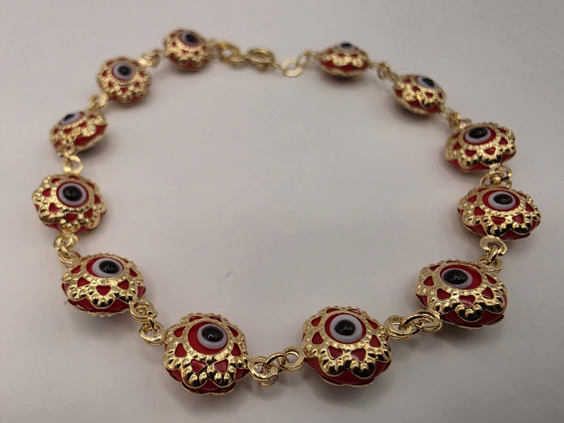 14K Yellow Gold Evil Eye Bracelet Red Flower Glass Bead Nazar Protection Good Luck Turkish Greek Amulet Fine Jewelry Gift for Her 7 Inch